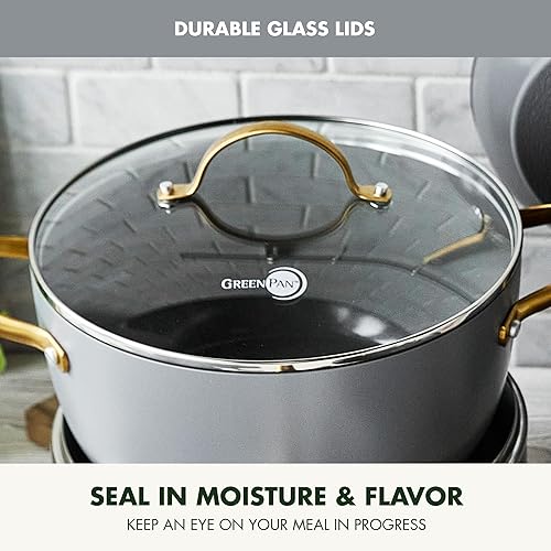 Miniatura 4 de GreenPan Juego de 8 ollas y sartenes de cerámica anodizada dura, antiadherentes, asas de acero inoxidable en tono dorado, sin PFAS y PFOA, apto para