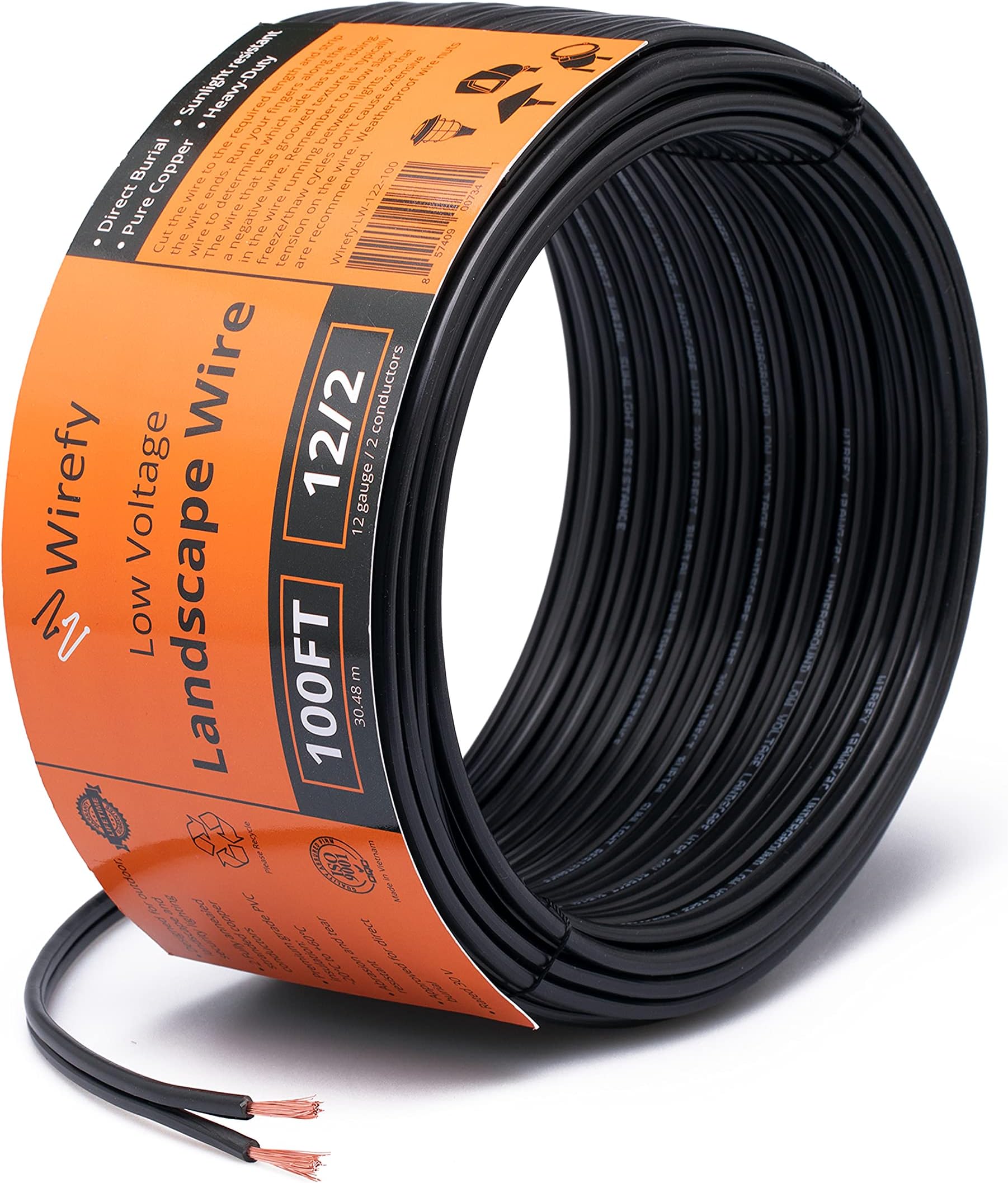 Wirefy 12/2 Low Voltage Landscape Wire 100 ft | Low Voltage Landscape Lighting Wire | Pure Copper | Outdoor Direct Burial | 12-Gauge 2-Conductor 100 Feet