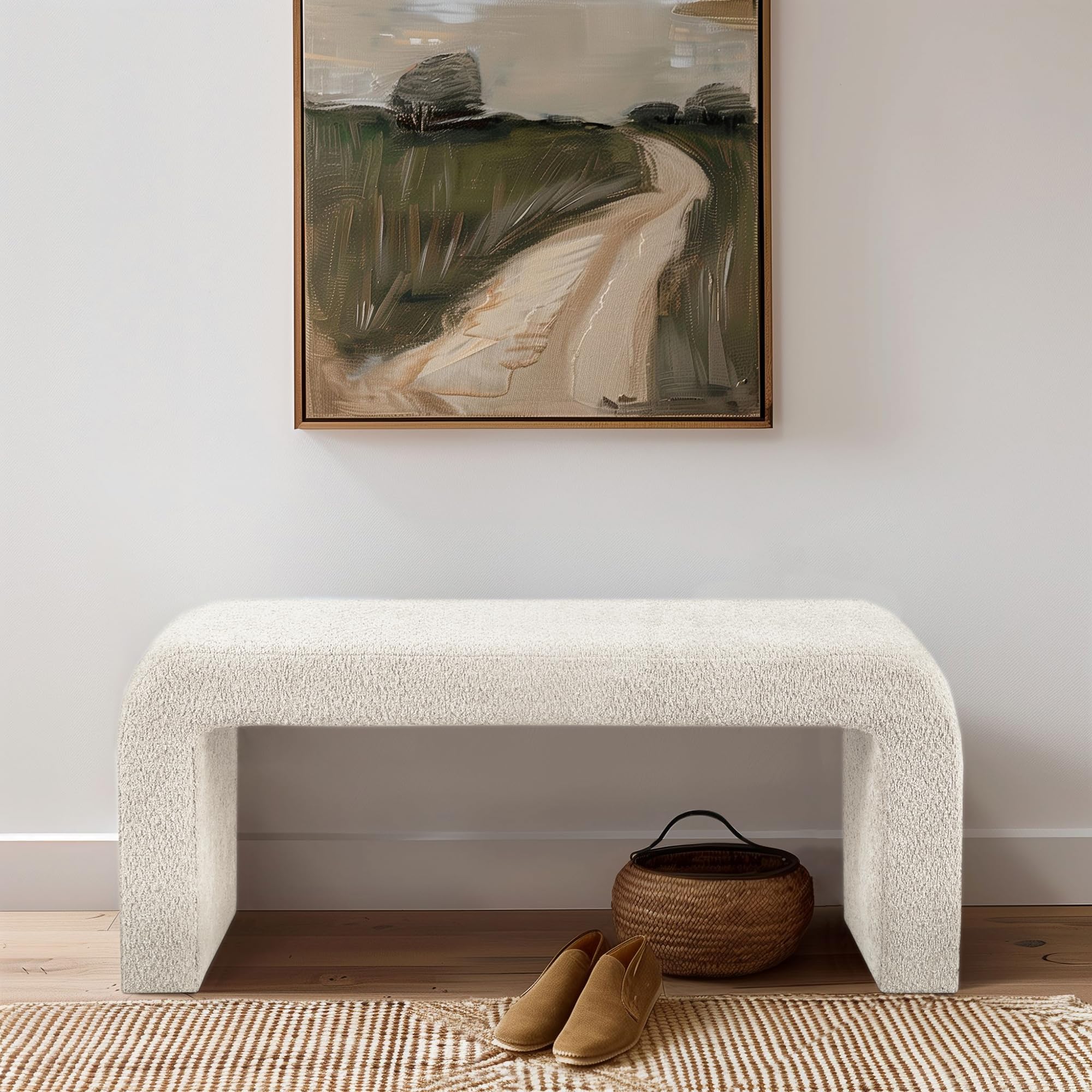 INK+IVY Steve Entryway Accent Bench Padded, Cozy Plush Boucle Upholstered Bench for Living Room, Modern Curved Corner Compact Bed End Bench for Bedroom, Indoor Seating, Fully Assembled, 42" W Cream