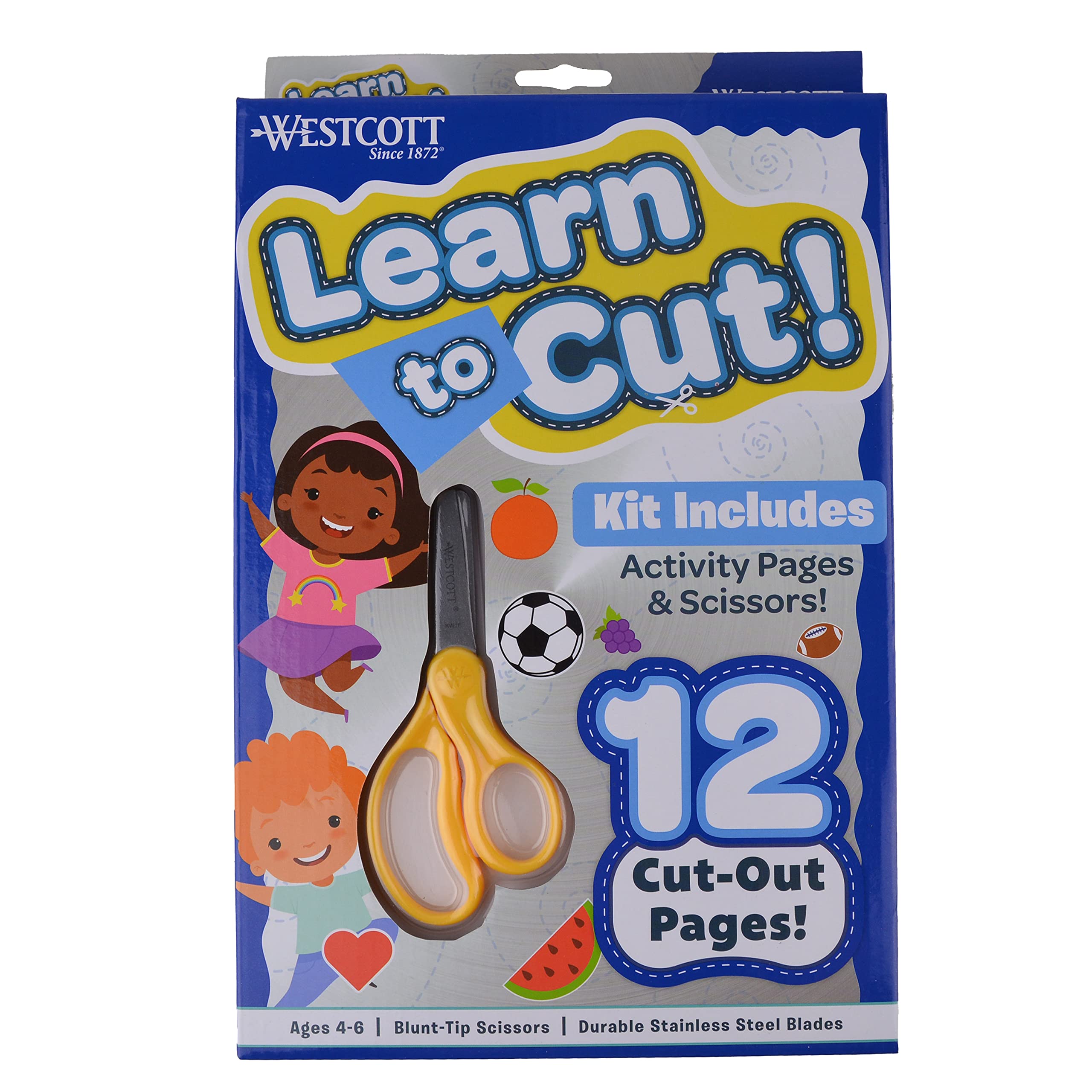 Westcott Learn-to-Cut Scissors and Activity Book Set for Kids - Back to School Learning Crafts for Preschool and Kindergarten - Includes 12 Pages of Cuttable Pictures and 5" Blunt-Tip Safety Scissors