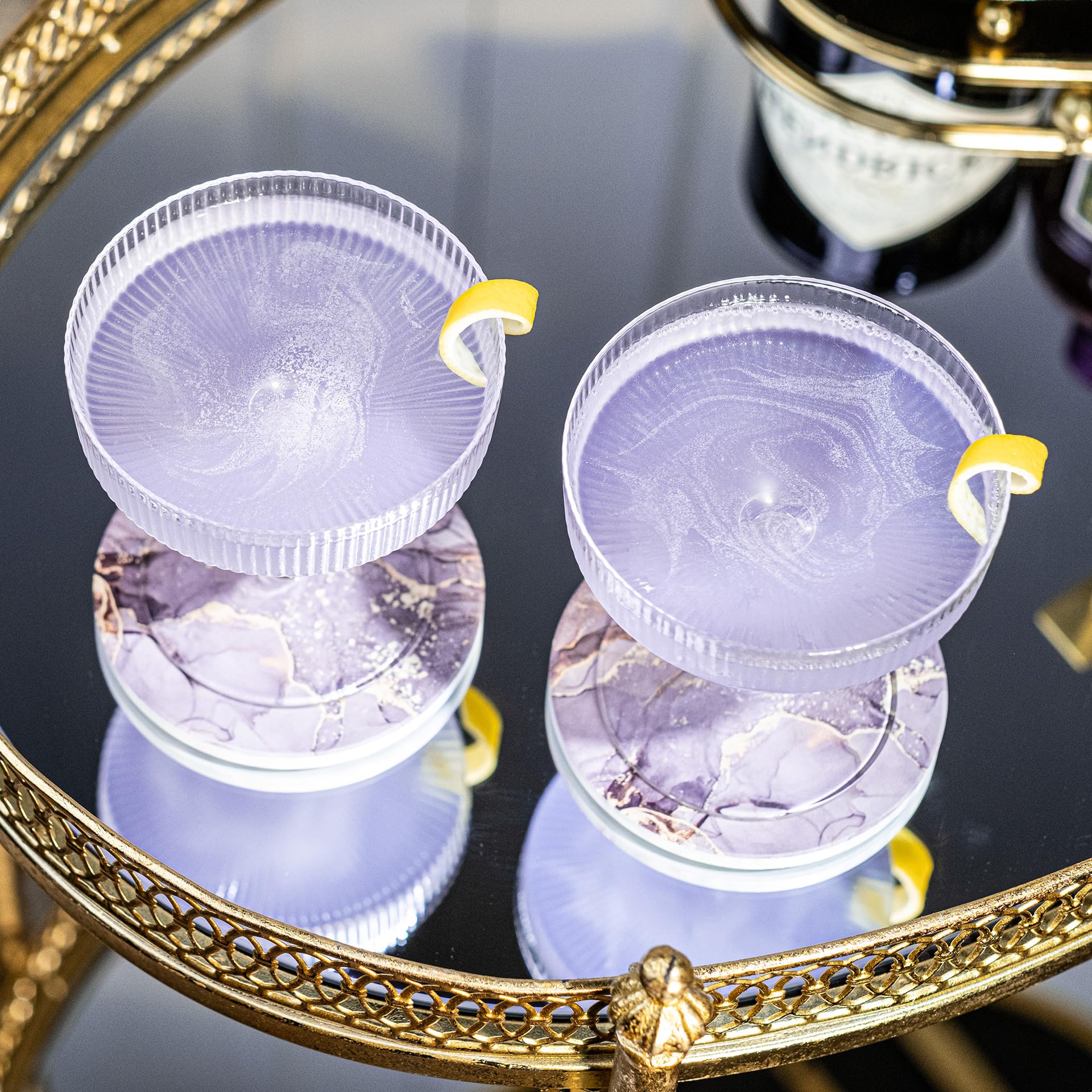Copas Clásicas Art Déco Coupé | Juego de 4 | 200 ml | Cristalería Clásica para Cócteles, Champán, Martini, Manhattan, Cosmopolitan | Copas de Champán con Platillo de Cristal Acanalado