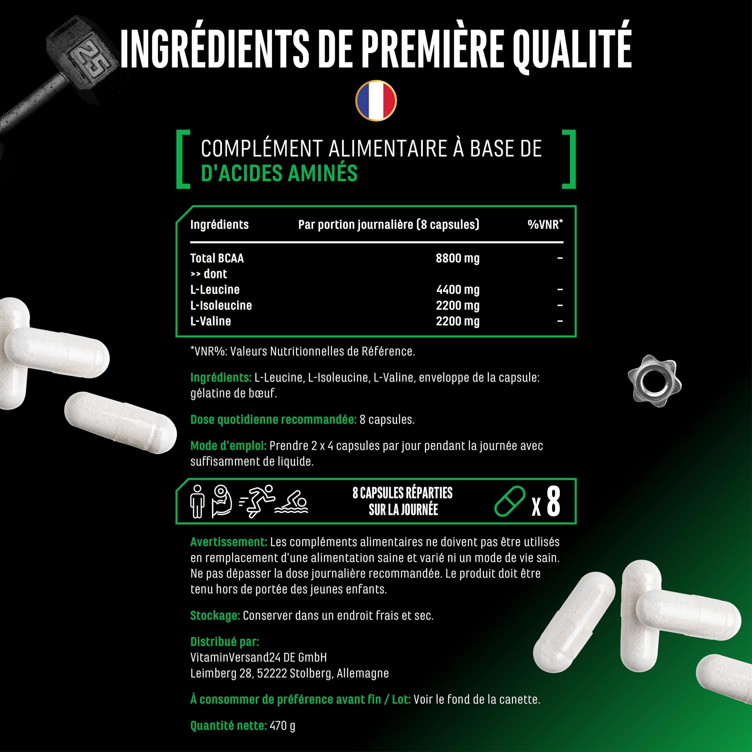 BCAA Ultra Caps - 365 gélules avec un dosage élevé de 1100 mg par gélule - Rapport optimal 2:1:1 - Leucine, L-Isoleucine, L-Valine - Acides aminés essentiels à chaîne ramifiée
