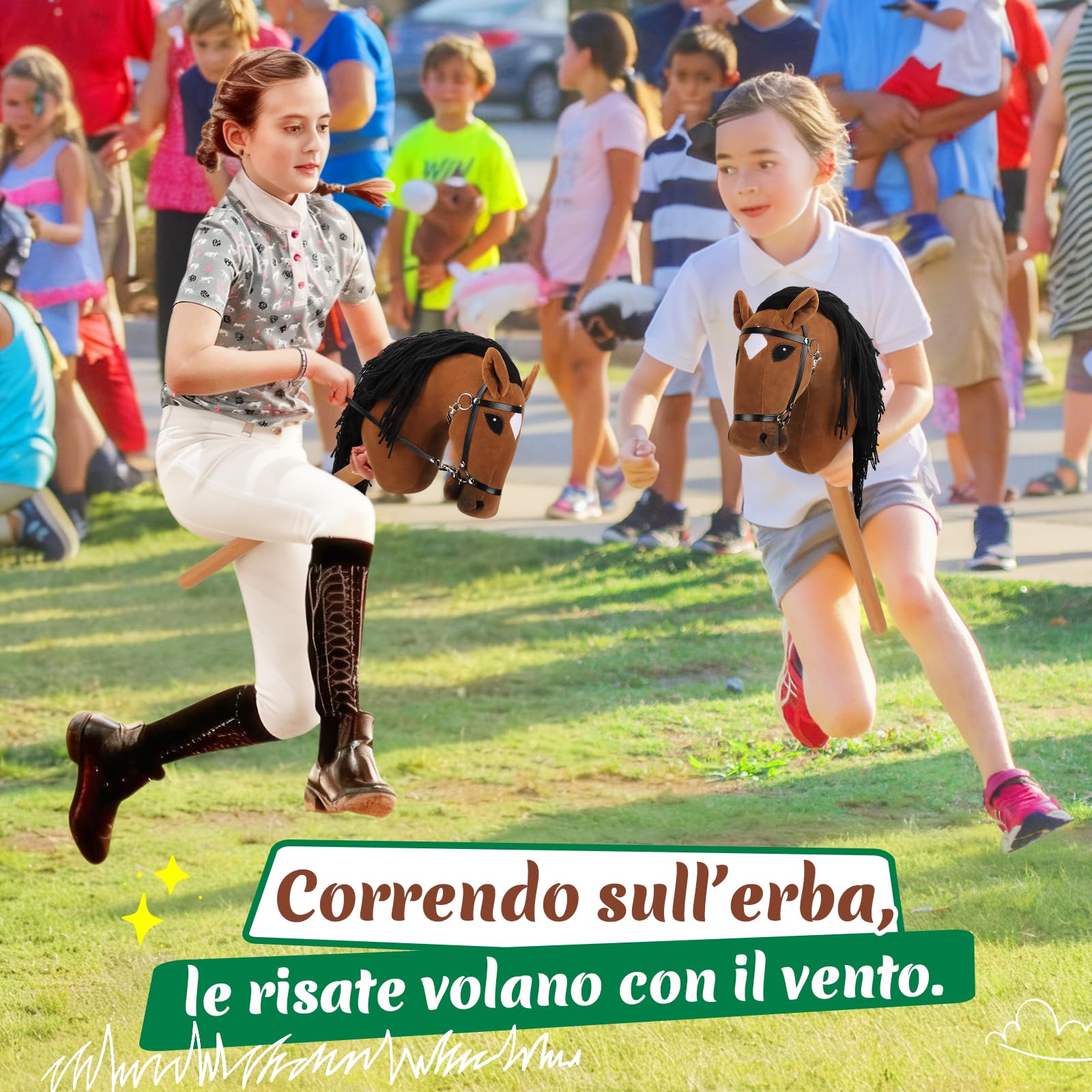 Charmofun Hobby Horse, Cavallo con Bastone per Bambini con Testa A3, Morbido Halter in Peluche, Coda Fluente e Cinghia Regolabile, Ideale per Gioco e Regalo (Marrone)