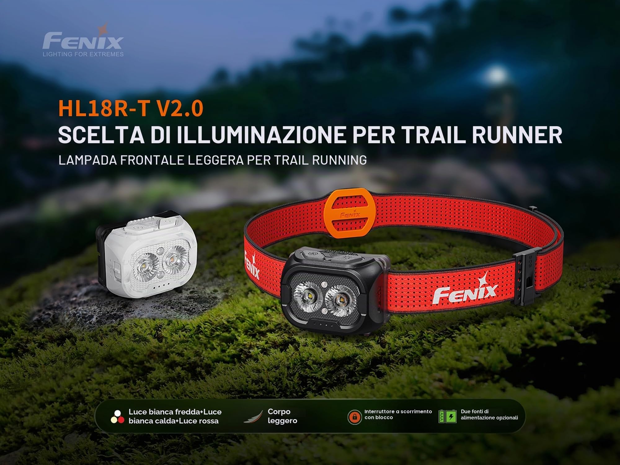 FENIX HL18R-T V2.0 - Lampada frontale ricaricabile per trail running/esterni, 800 lumen, 125 m, 160 ore massime, doppio fascio primario, bianco freddo e caldo, fascio rosso da 5 lm, fascia regolabile