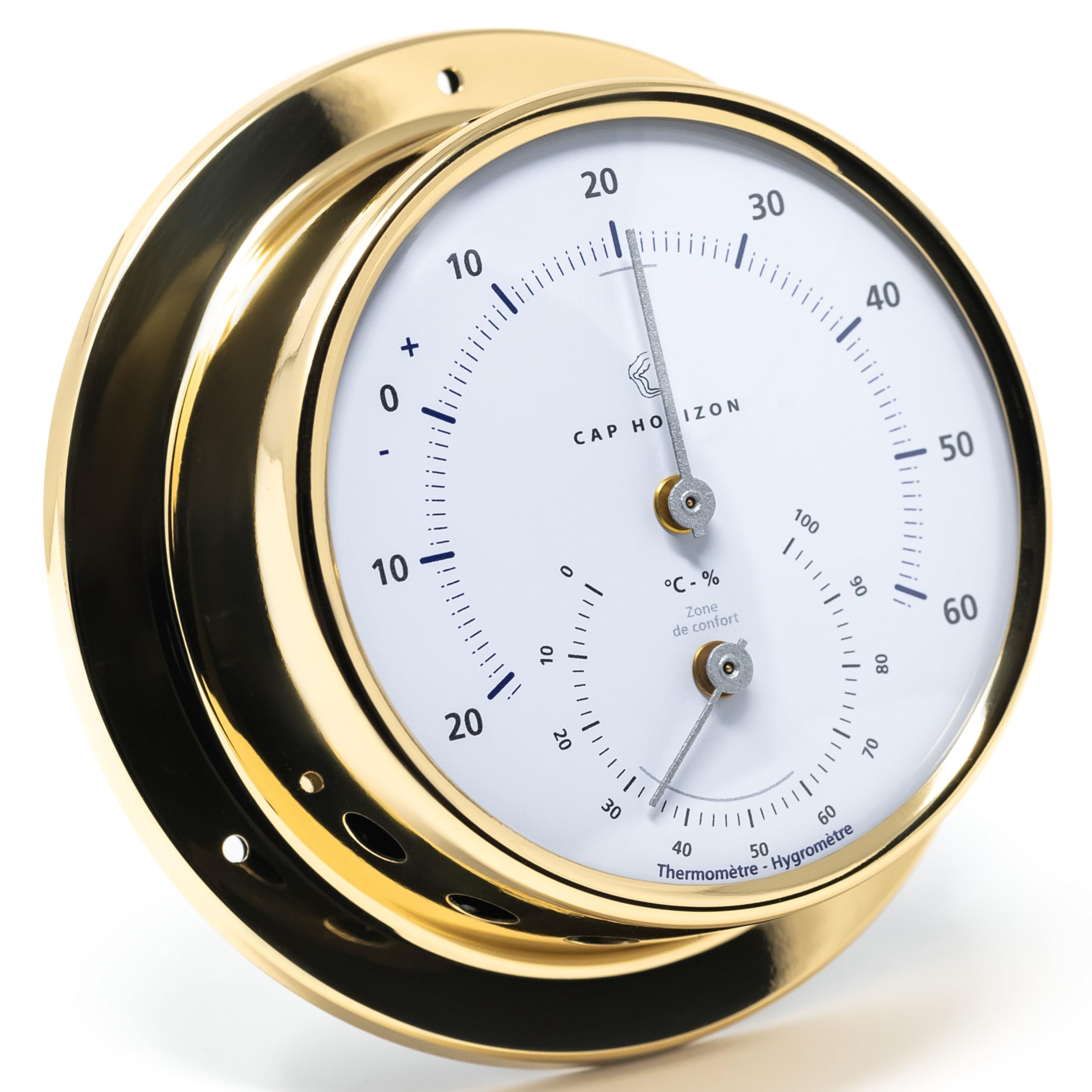 CP085TH400LT Thermo-Hygrometer, Glas, Messing-Gehäuse poliert | Messbereich 0-100 % r. F., Luftfeuchtigkeitsmesser, Thermometer, maritimes Design, 11 cm Durchmesser, Made in Germany