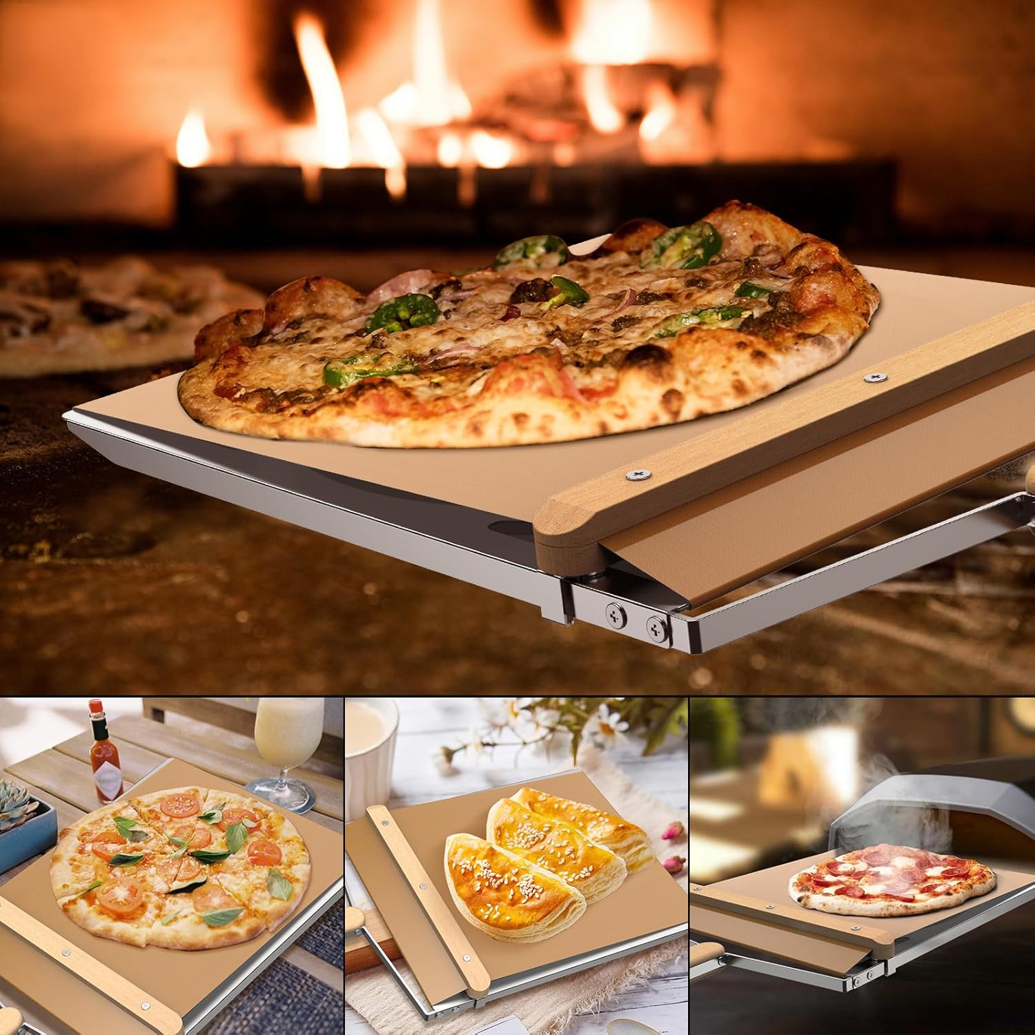 Non-Stick Sliding Pizza Peel 16" & 22x13 Metal Board, Bamboo Paddle w/Detachable Handle & Free Pizza Cutter for Beginners, Outdoor Oven Baking