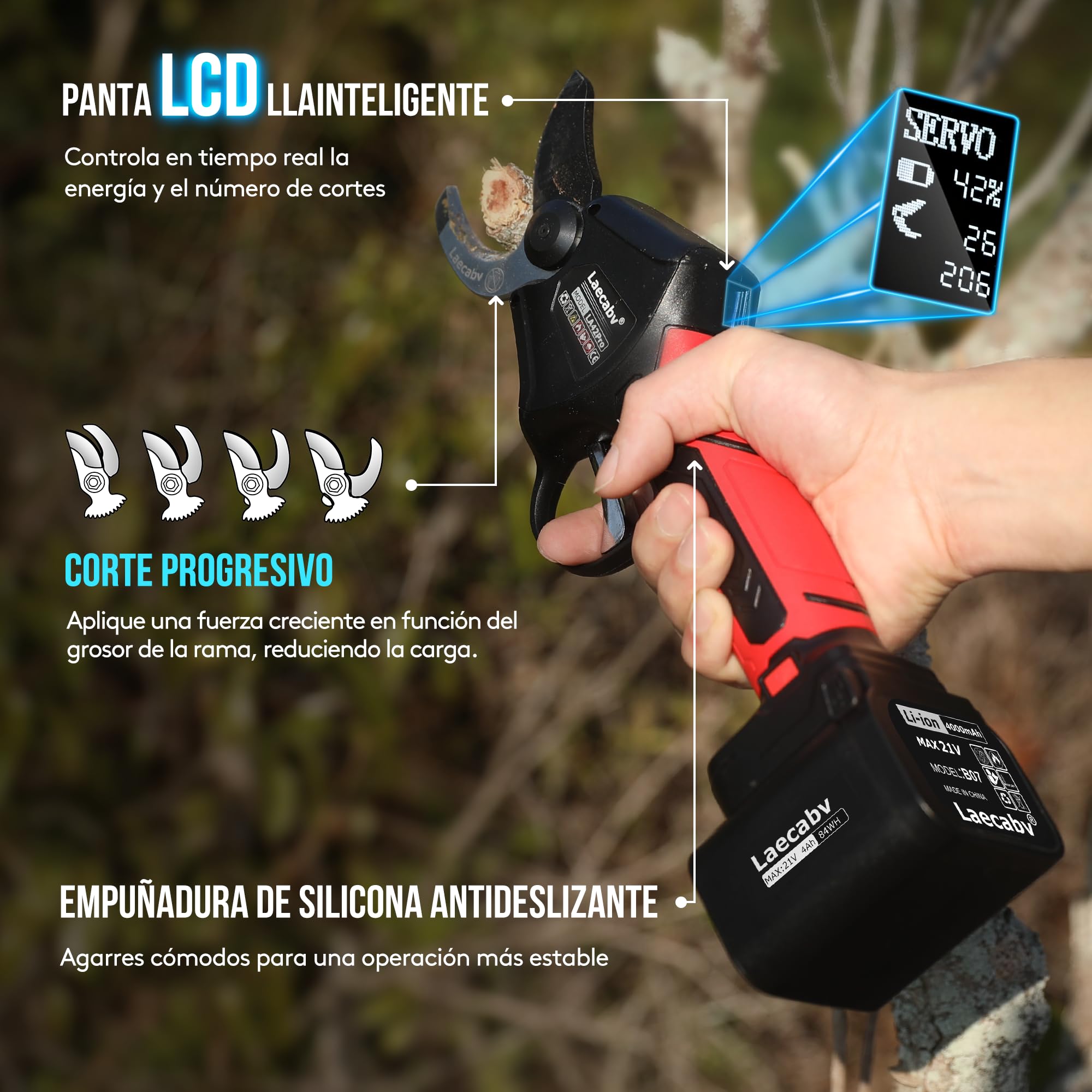 Laecabv 42mm Tijeras de Podar Eléctricas 21V 1150W Profesional Tijeras de Podar Bateria, 2X4000mAh Baterías,Pantalla LCD, Corte Progresivo Viñas (LA42Pro)