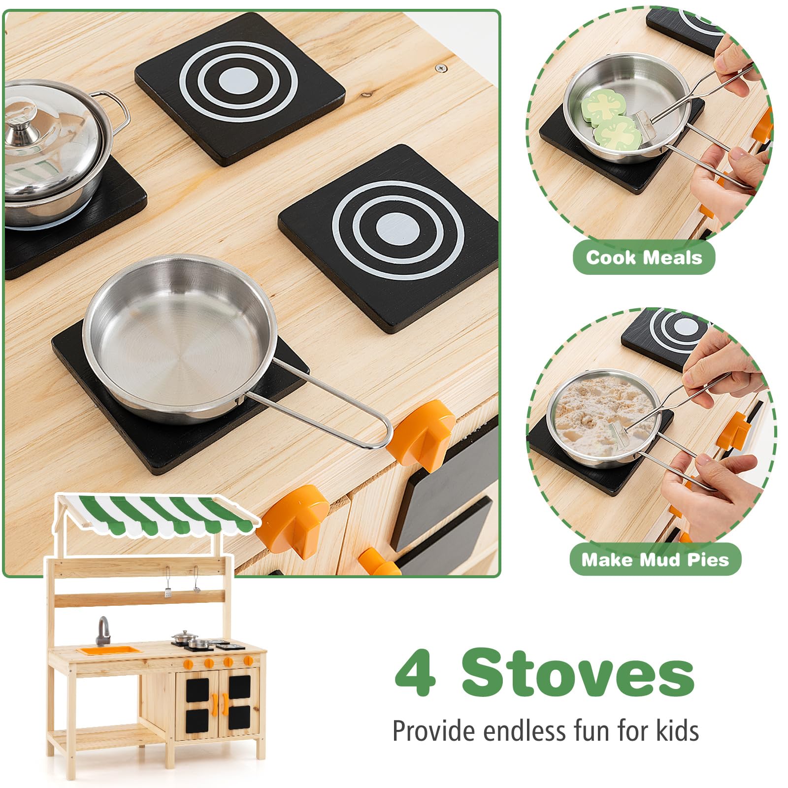 HOMASIS Cucina per Bambini con Tettoia, Cucina Giocattolo in Legno con 4 Fornelli, 2 Ganci, 1 Lavello e 4 Lavagnette, Cucinetta per Bambini da 3+ Anni da Esterno, 88 x 39 x 117 cm