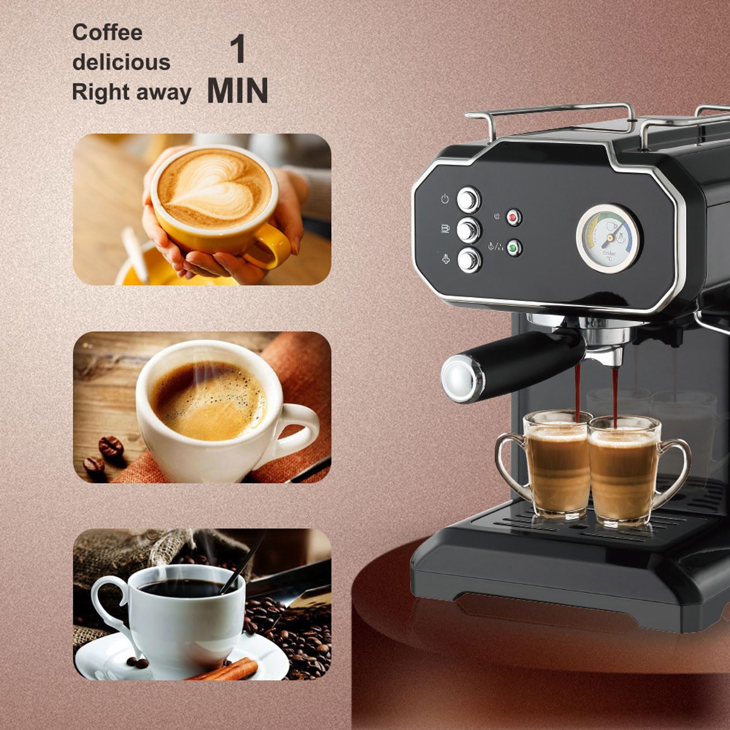 Cafetera Espresso, minimáquina automática de café de Alta presión de 1,5 l con vaporizador de Leche, Ciclo de preparación Doble, cafetera de Leche de 850 W para Oficina, Cafe(