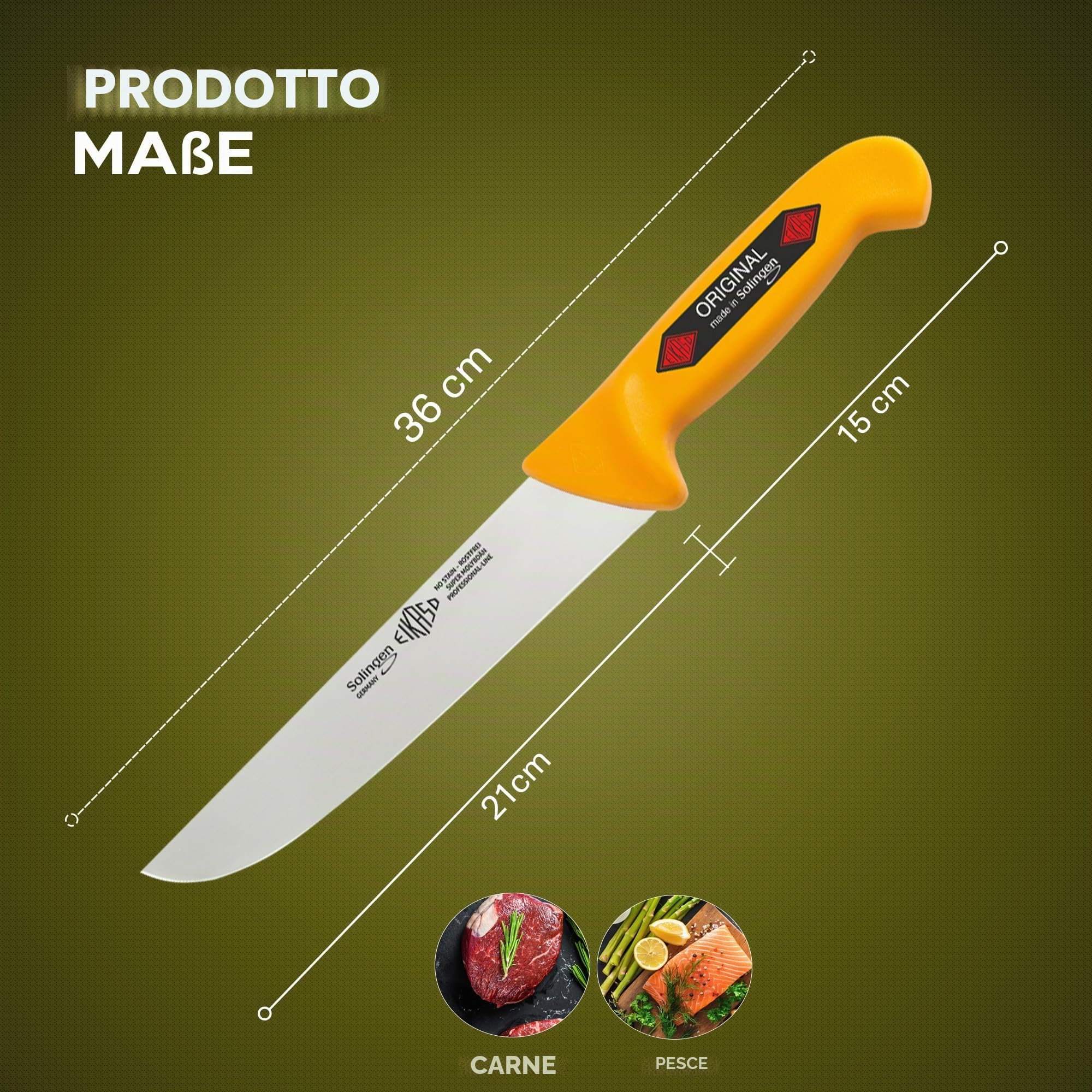 EIKASO Solingen Germany - Set di 3 coltelli da macellaio, in acciaio al molibdeno 1.4116 temprato con manico antiscivolo per professionisti e privati (giallo)