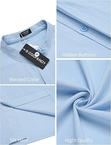 Vista 5 de COOFANDY Camisa de algodón y lino para hombre, camisa de manga larga con botones, cuello de banda, camisas de yoga para la playa