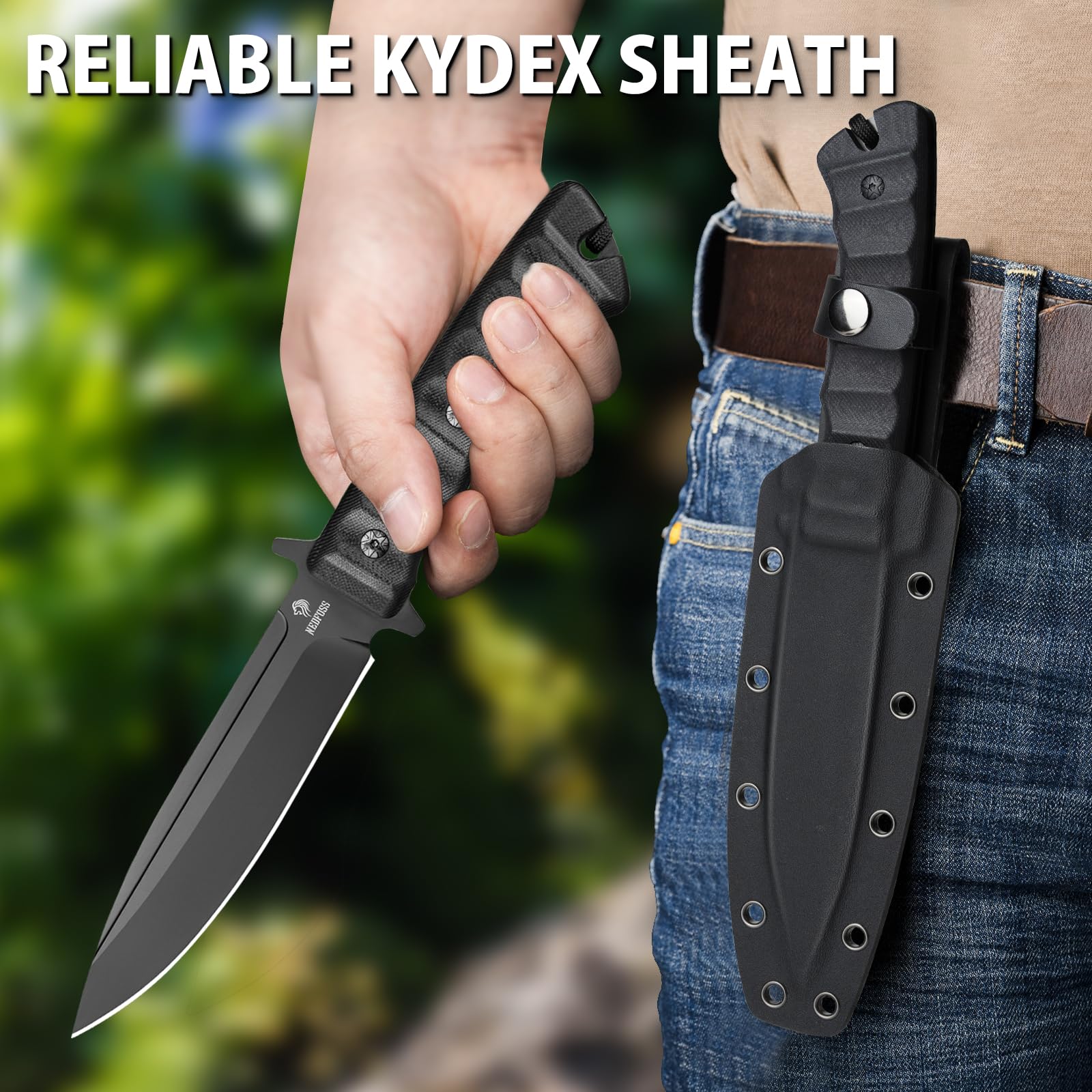 NedFoss BLACK PHOENIX cuchillo supervivencia, cuchillo bushcraft,cuchillo de caza,cuchillo camping,Hoja fija afilada para exteriores, full tang, acampada supervivencia