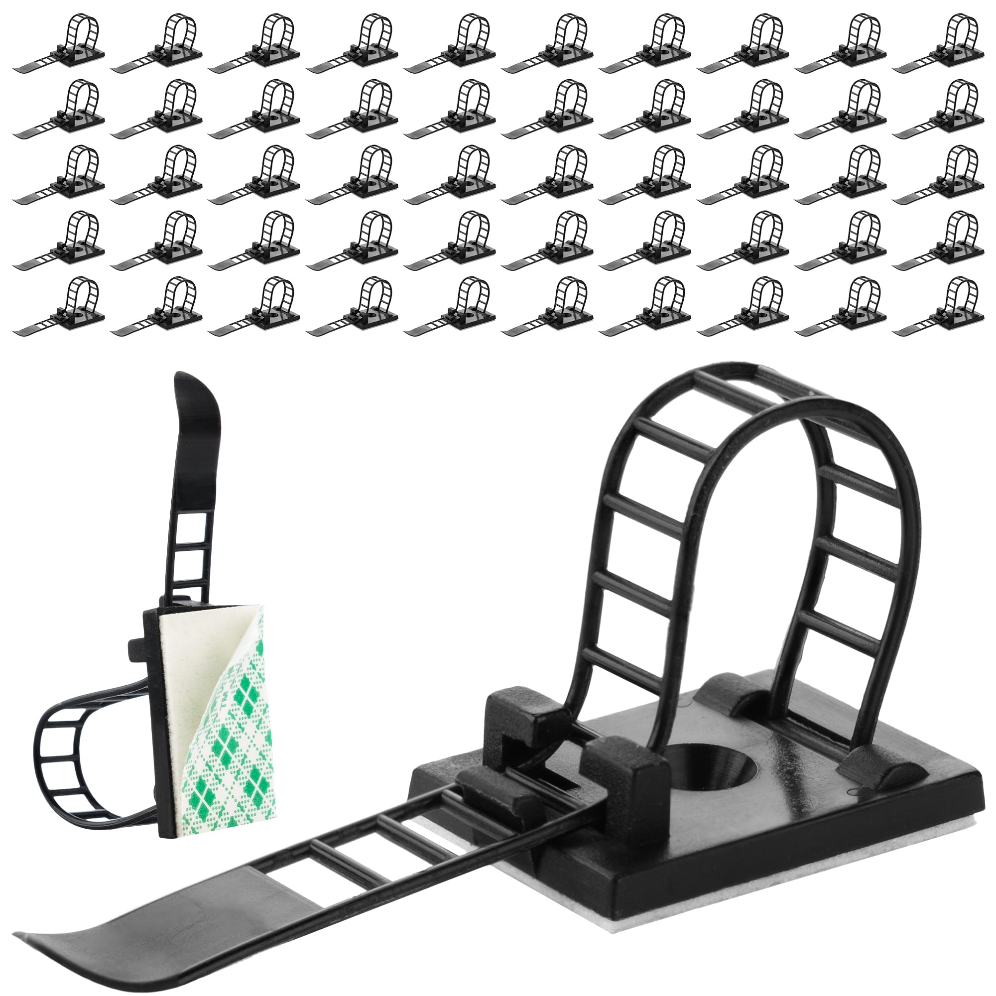 Boltza Self-Adhesive Adjustable Cable Clips – Black or White (85mm, Pack of 50) – Strong Adhesive & Screw Mount, Waterproof Nylon Wire Holders with cable ties zip ties (Black)