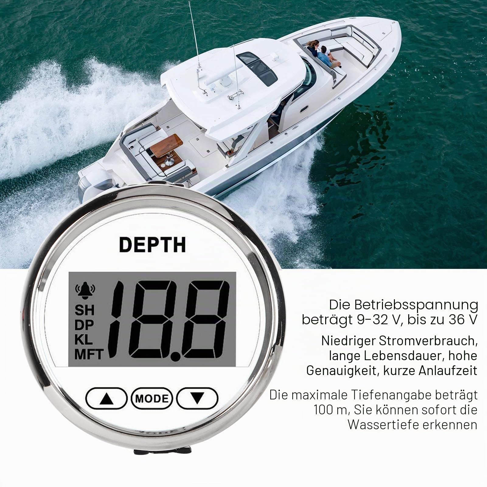 Bootstiefenmesser mit Geber Echolot Weiß Echolot Wasserdicht Dash Echolot Geber mit Weißer Hintergrundbeleuchtung für Yachten Boote