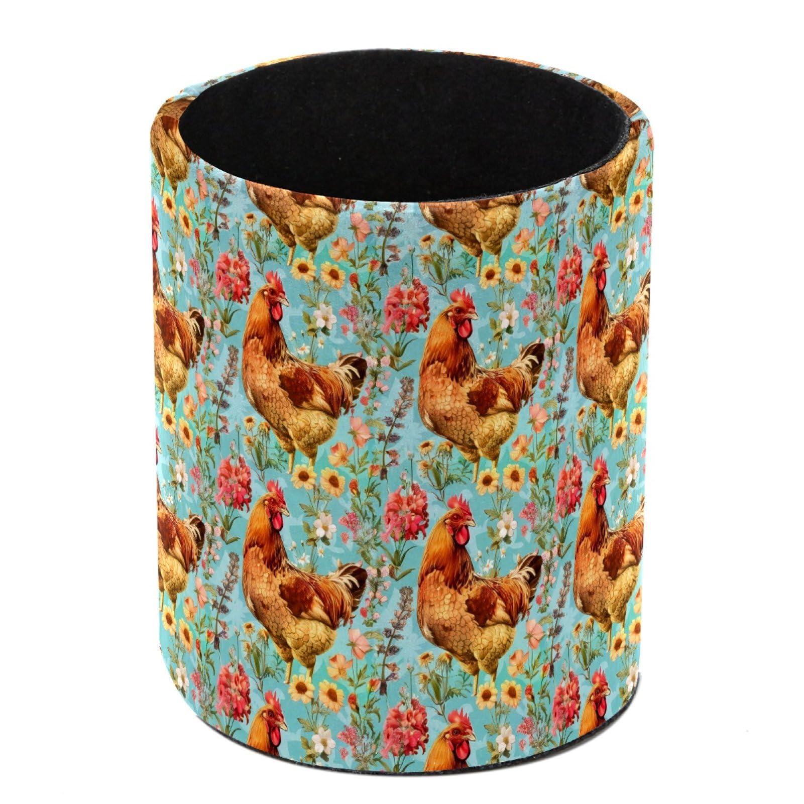 HEOEH Rooster Flowers Pen Holder for Desk, PU Leather Pencil Holder Pen Cup Marker Holder Makeup Brush Holders, Desk Accessories & Workspace Organizers for Home, Office