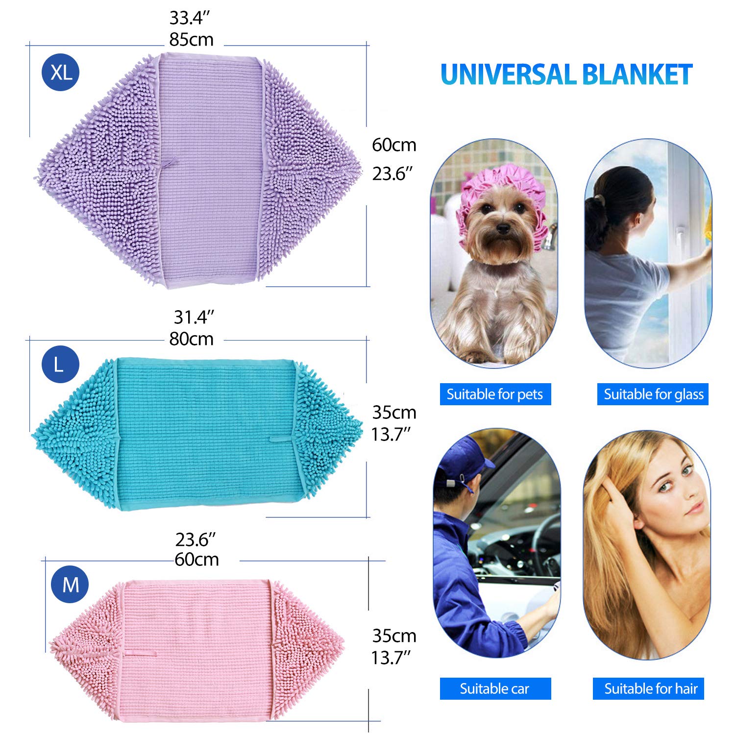PETCUTE Toalla Ultra Absorbente para Perro Toalla de Microfibra para Mascotas con Bolsillos de Mano para Limpieza de Baño de Perro o Gato(Cian L-35x80cm)