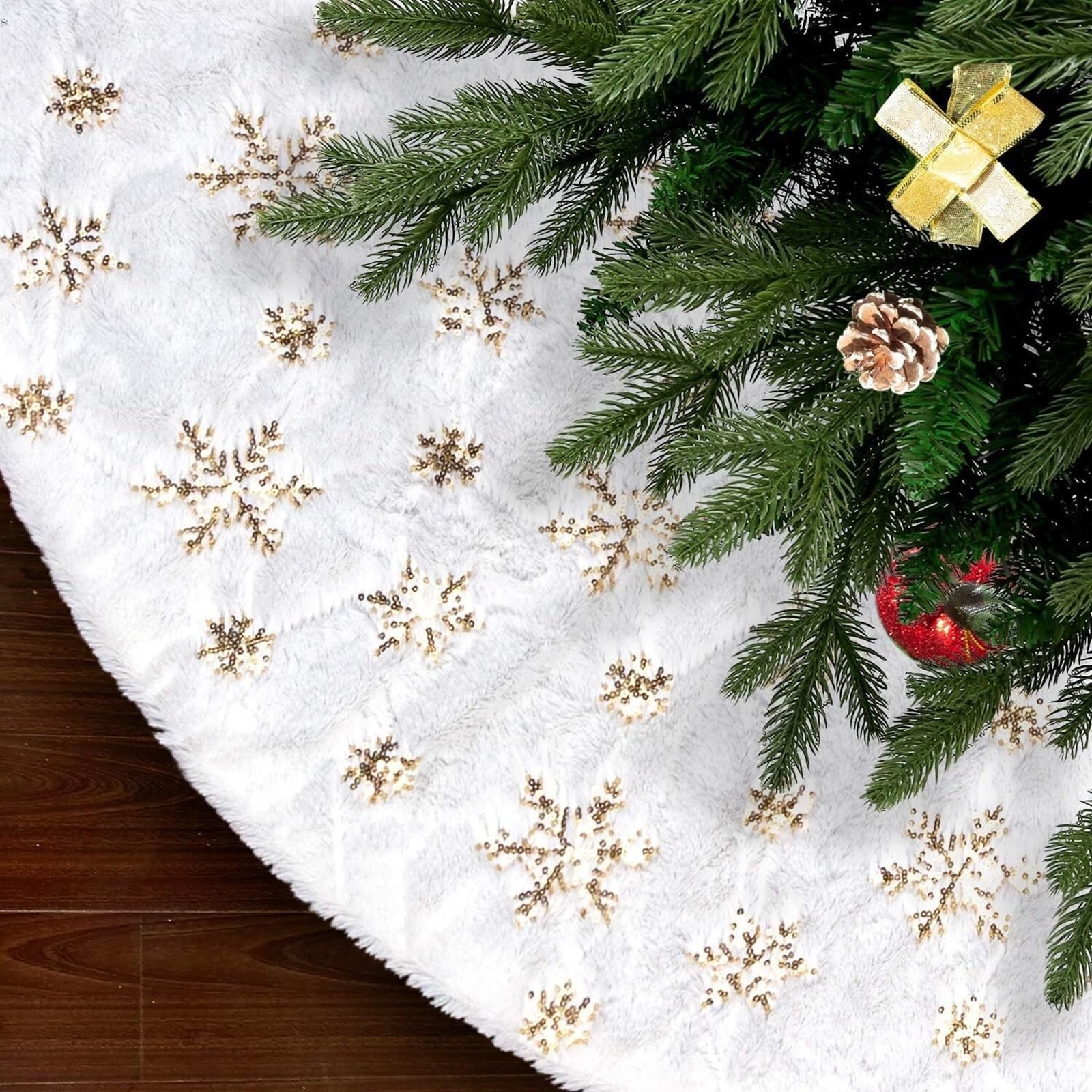 Tapis de Sapin de Noel Jupe d'arbre De Noël en Fausse Fourrure 48 Pouces, Blanche Enneigée pour Décorations Réutilisables Couvre-Pied d'arbre