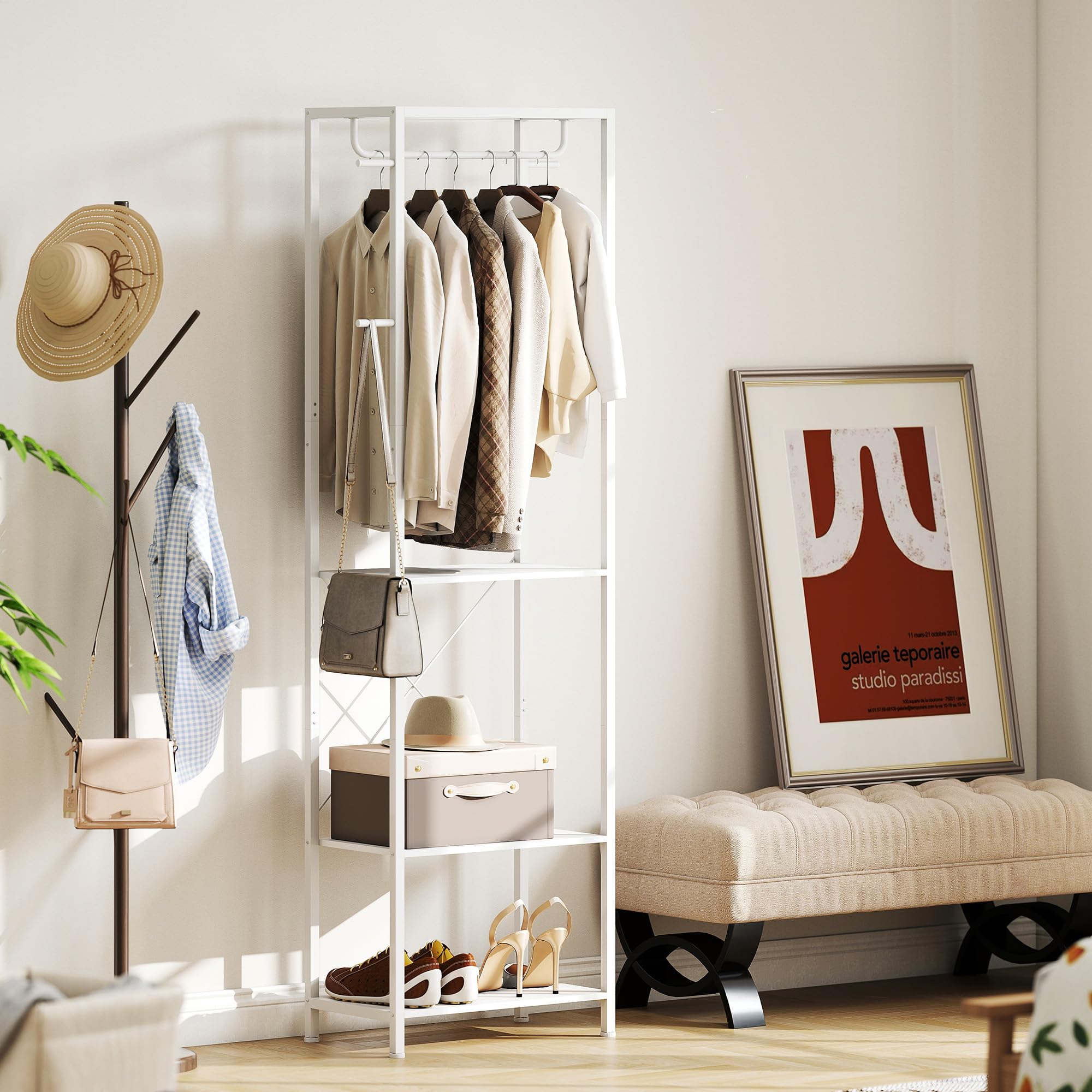 HOMCOM Appendiabiti da Ingresso con Scarpiera, Attaccapanni con Barra Appendi Abiti, 4 Ganci, Ripiano Superiore e 2 Mensole Porta Scarpe, 52x30x180 cm, Bianco
