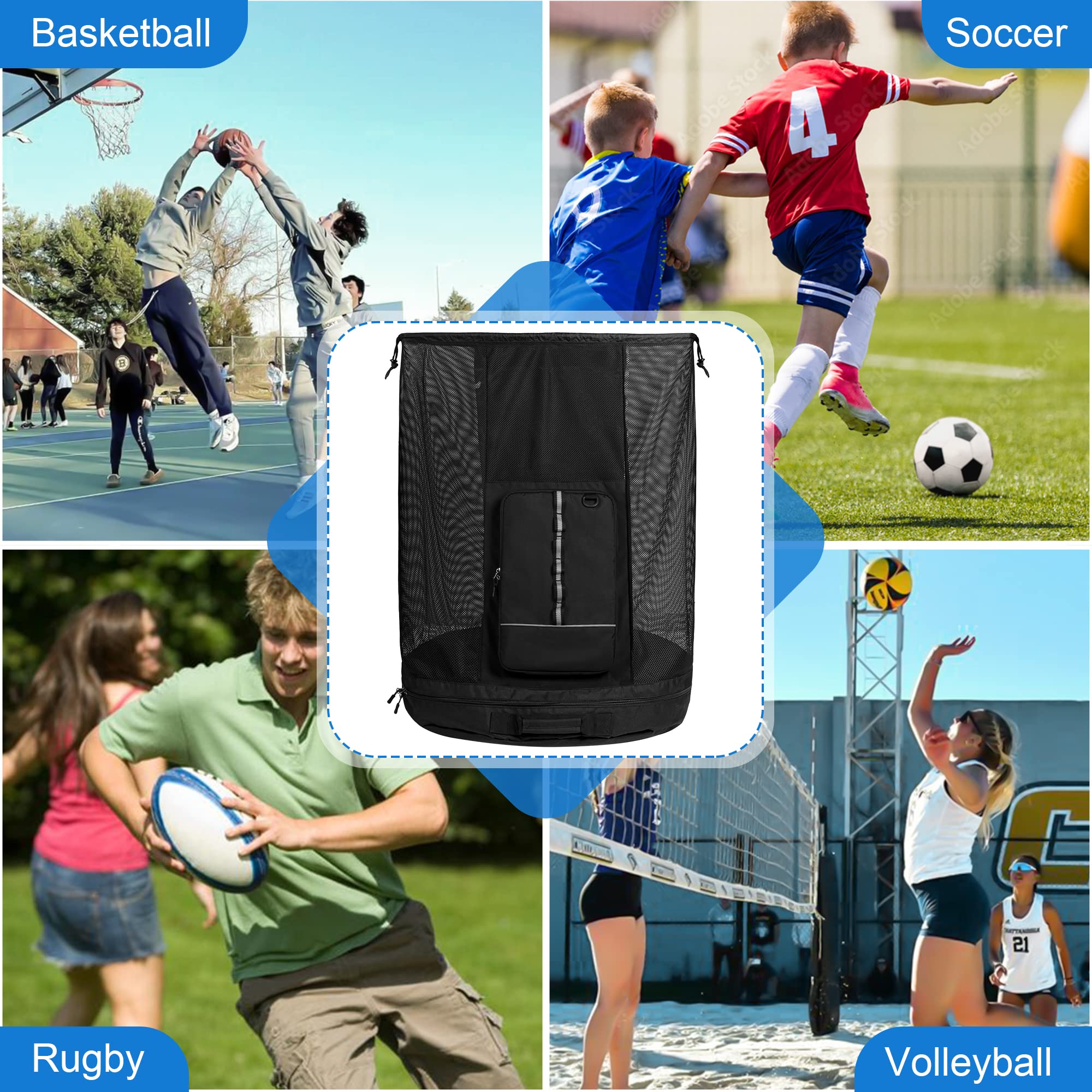 GOBUROS Borsa a rete per palloni da calcio, pallacanestro, con spallacci e tasca frontale, per pallacanestro, calcio, pallavolo, rugby e sport in spiaggia
