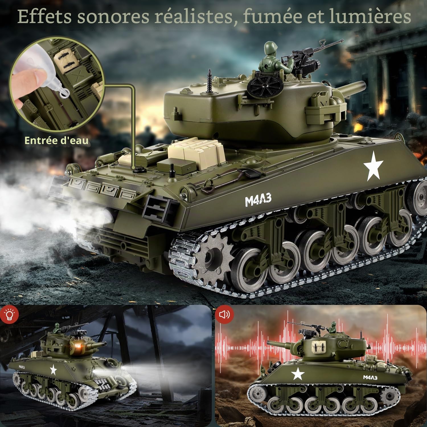 Tank Telecommande US M4A3, Modèle char de Combat 1/18, Réservoir Télécommandé 2.4Ghz, Maquette Char Jouets Avec Fumée, LumièRes, Son et Recul pour Enfants et Adultes, Réservoir Télécommandé Tir BBS