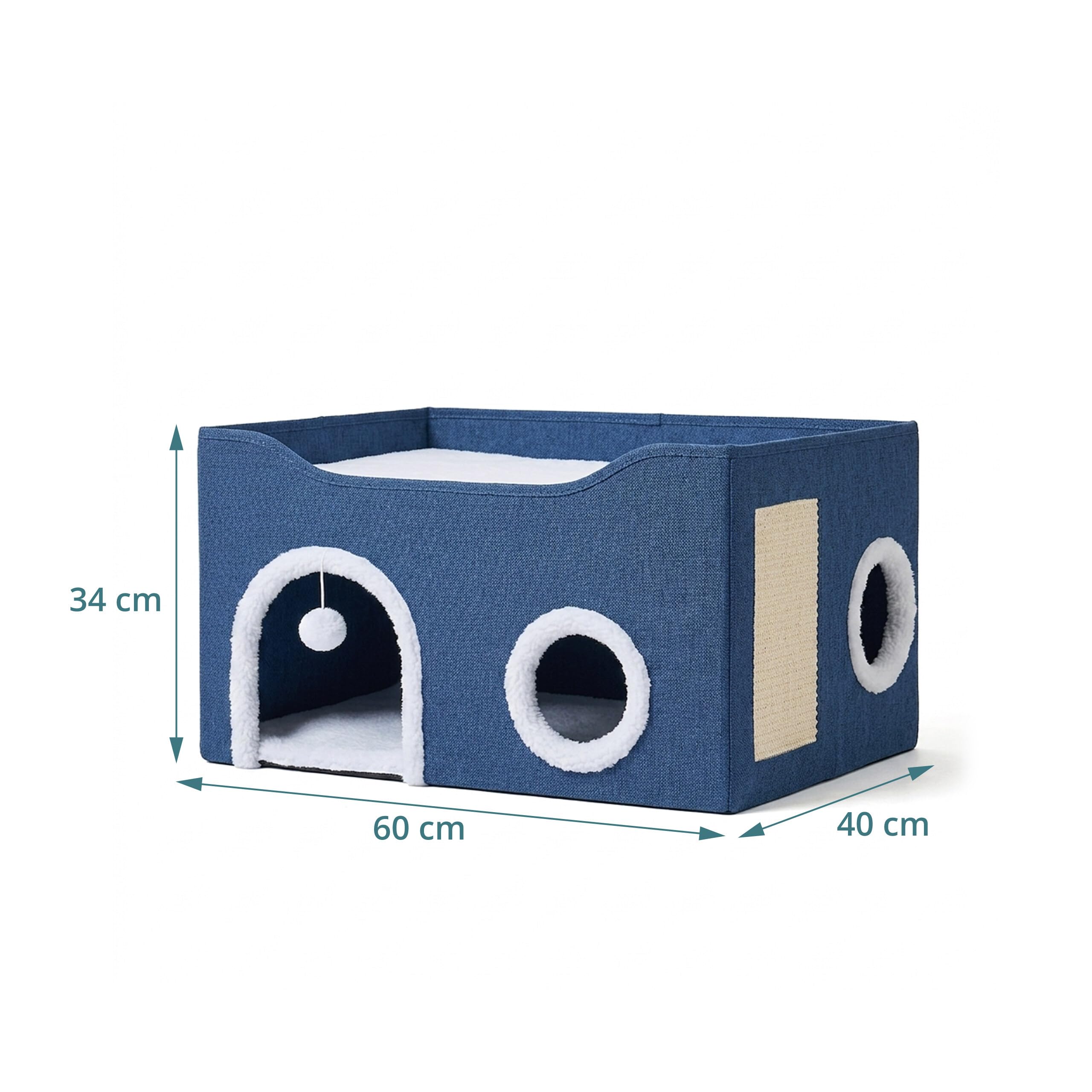 Grotte pour Chat Relaxdays, H x L x P : 34 x 60 x 40 cm, griffoir, Balle, 2 Coussins, Pliable, Bleue