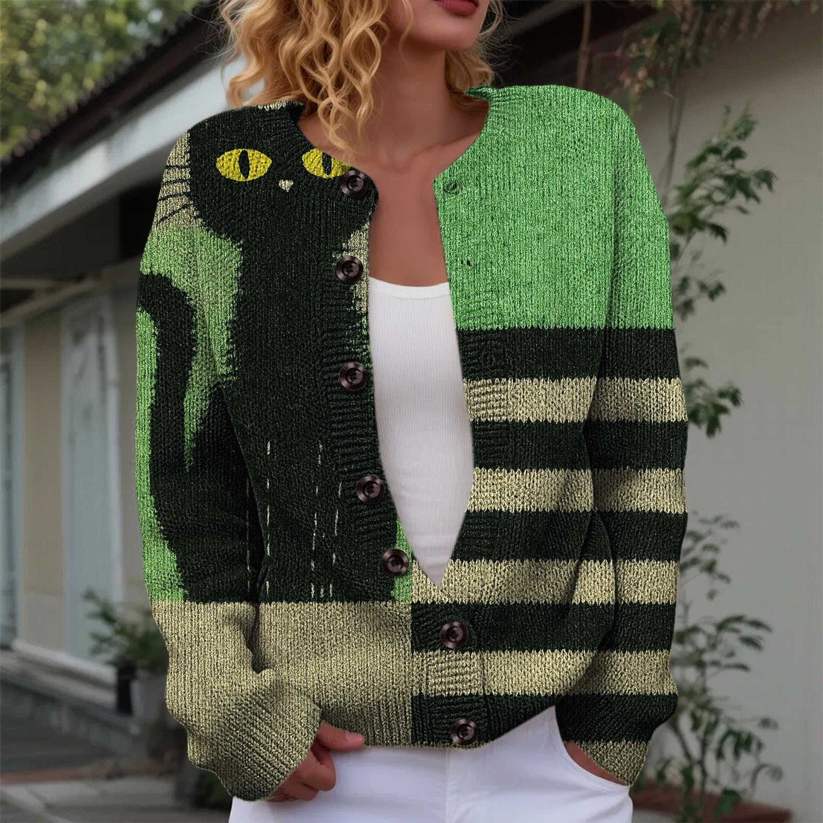 Generisch Cárdigan de mujer Halloween Horror Cárdigan Otoño Chaqueta de Punto con Botones Cárdigan Otoño Suave Estampado Cárdigan de Punto Manga Larga Strecth Cardigan de Punto de un solo pecho para