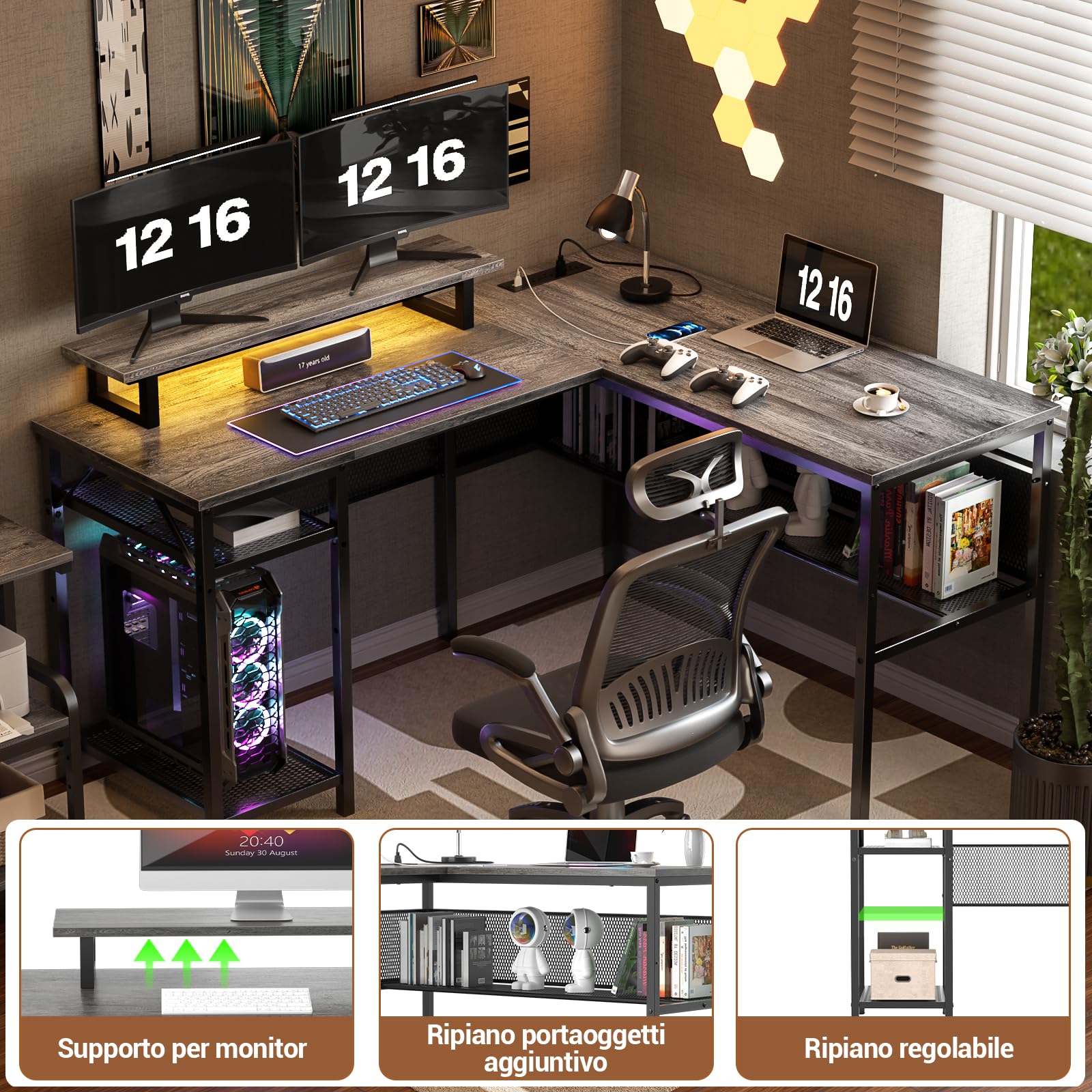iSunirm Scrivania Gaming a L,110x80 cm Scrivania Angolare Reversibile con LED,Scrivania ad L per Casa Ufficio,Scrivania Computer con 2 Prese e 2 Porte USB,Quercia Grigia