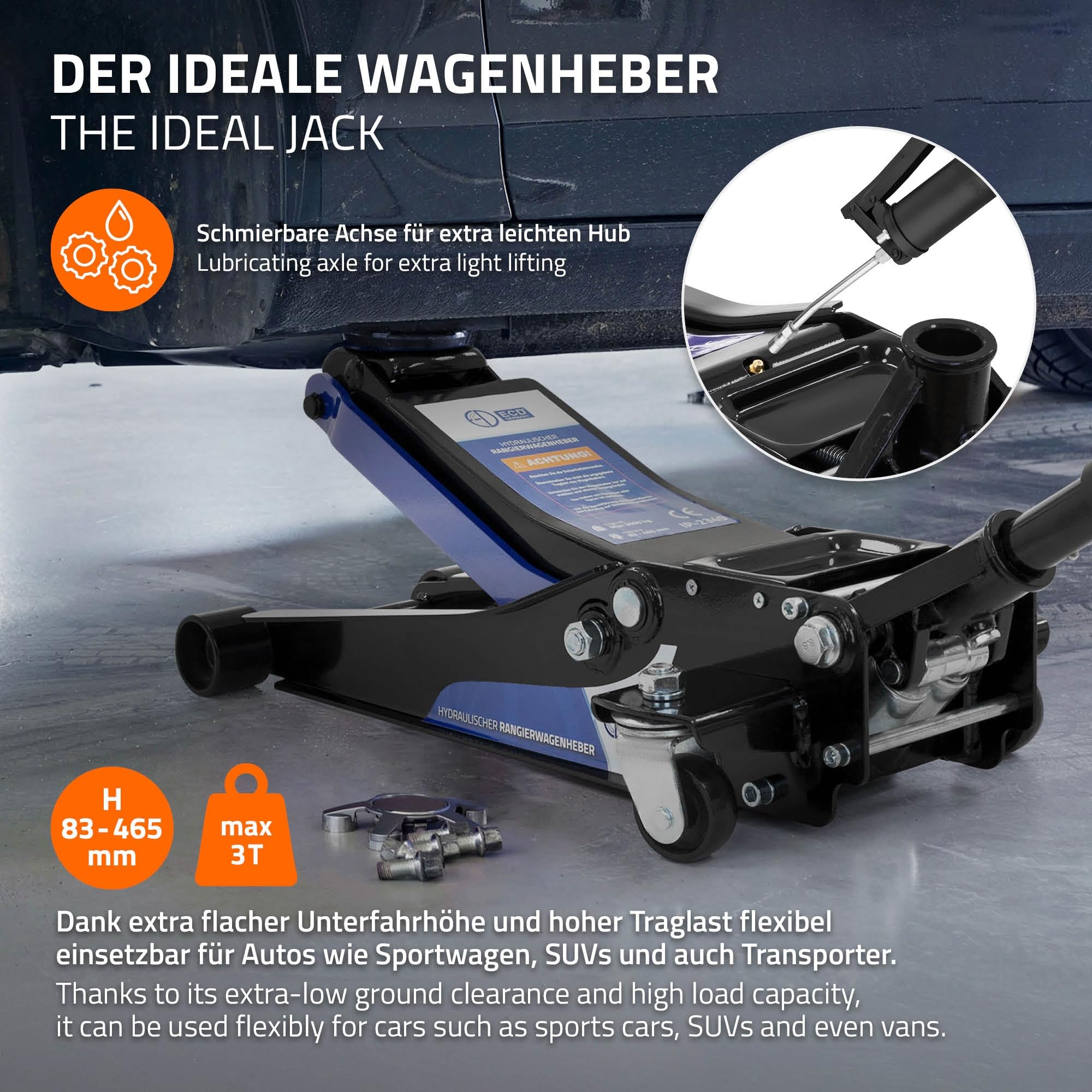 ECD Germany Gato Hidráulico 3T 83-465 mm Elevación Plana con Almohadillas de Goma y Rodillos 360°