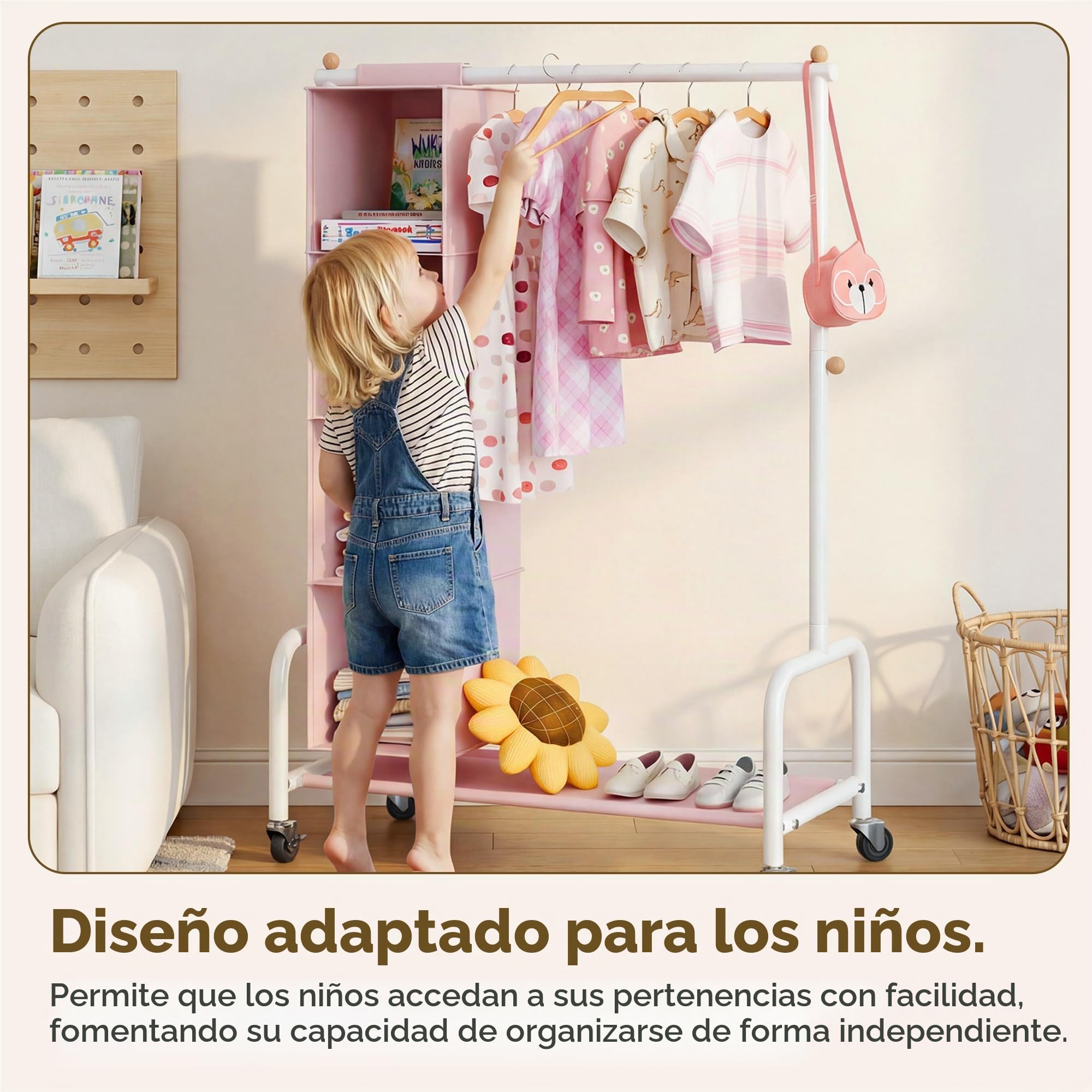 GRANNY SAYS Perchero Infantil con Organizador Colgante, Perchero con Ruedas para Disfraces Infantiles, Perchero para Ropa de Niños, Perchero para la Habitación del Bebé o la Guardería, Rosa/Blanco