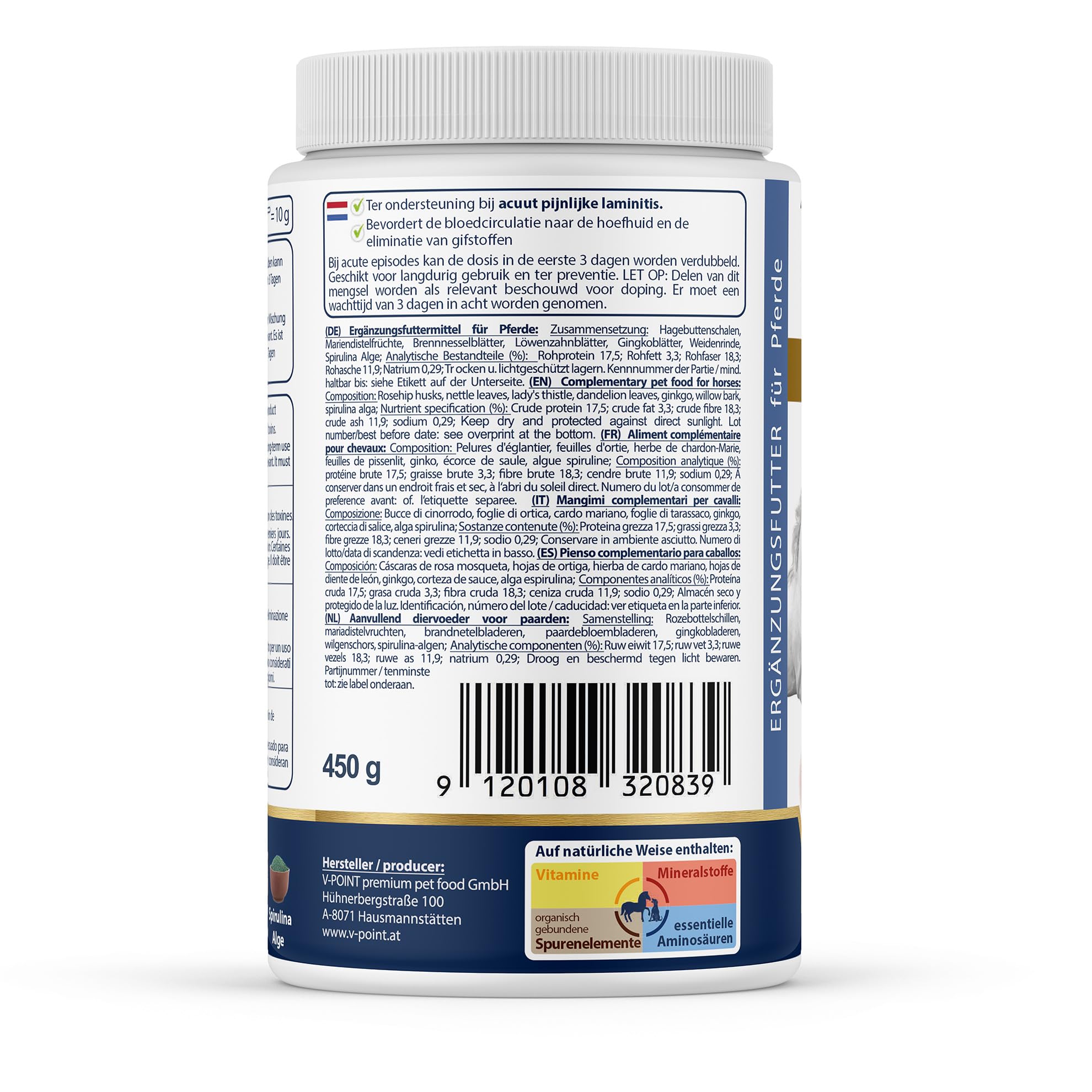 V-POINT REHE Plus en Cas de Crises de fourbure aiguës pour la prévention favorise l'irrigation Sanguine de la Peau du Sabot - avec Poudre de cynorrhodon Chardon-Marie spiruline (450 g)