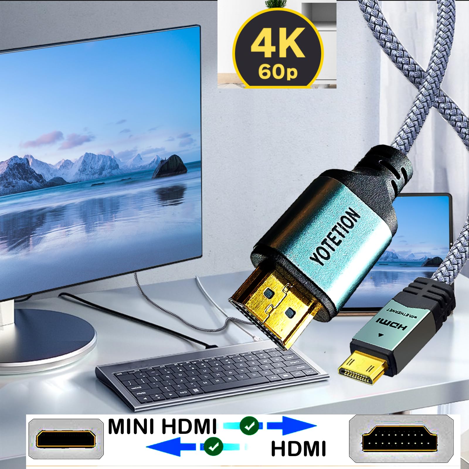 Cable mini HDMI a HDMI de 50 pies, (4K 60Hz) HDMI de alta velocidad a Mini HDMI macho bidireccional 2.0 cable para HDTV, tableta, cámara y videocámara (carcasa de aluminio, malla trenzada)