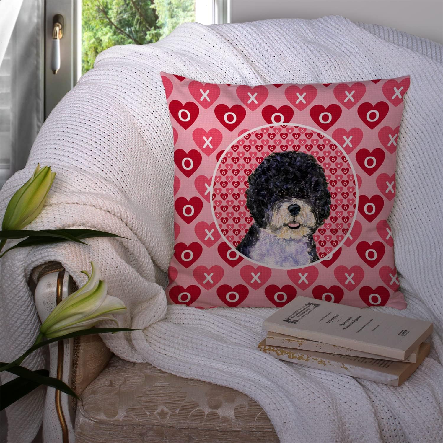 Caroline's Treasures SS4490PW1414 Portuguese Water Dog Hearts Love Valentine's Day Fabric Decorative Pillow Machine Washable, Indoor Outdoor Decorative Pillow for Couch, Bed or Patio, 14Hx14W