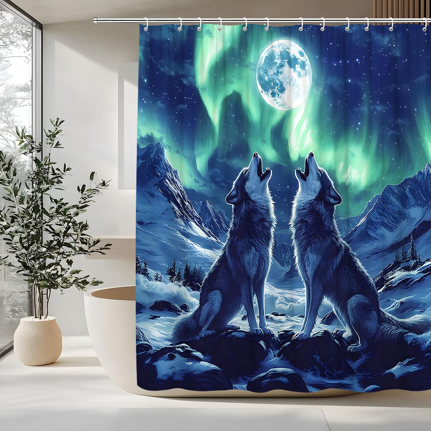 Wolf Shower Curtain Wolves Howling Full Moon Forest Galaxy Watercolor Fantasy Mountain Scene Wild Animal Pine Tree Aurora Abstarct Fantasy Gothic Wildlife Teens Decorative Curtain Polyester Fabric