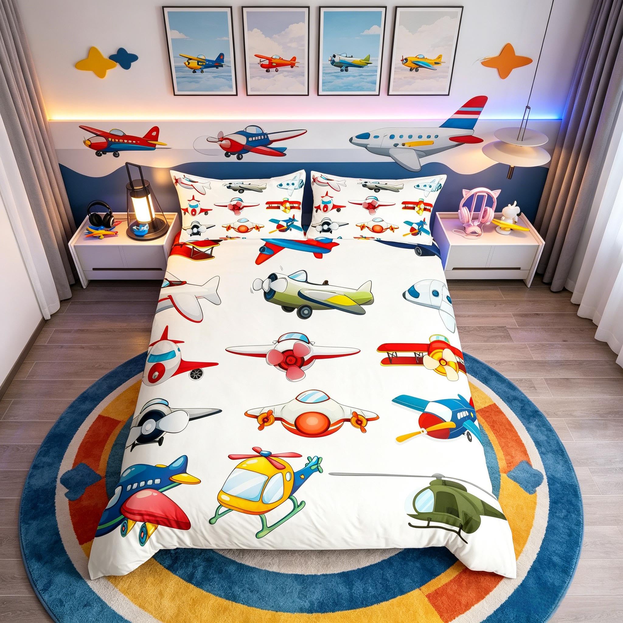 Loussiesd Aircraft Bedding Set Kids Cute Planes Duvet Cover Cartoon Airplane Comforter Cover for Children Boys Girls Helicopter Flying Super King Size Microfiber & Linen Travel Bedclothes — image 1