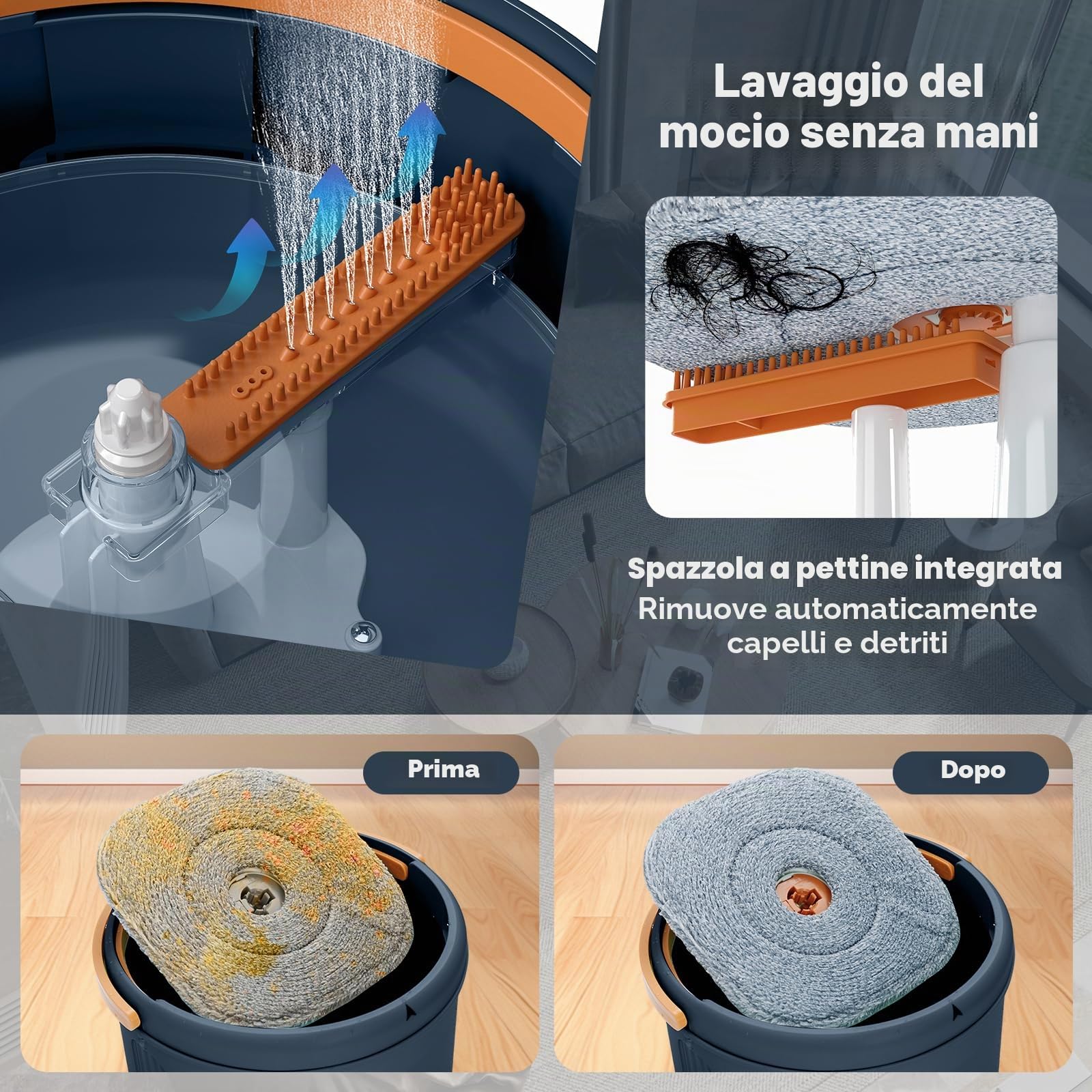 FANATSK - Mocio con sistema a secchio, 4L, con testa girevole a 360°, sistema di separazione, con 8 panni in microfibra, sistema di pulizia per pavimenti bagnati e asciutti, colore: Blu