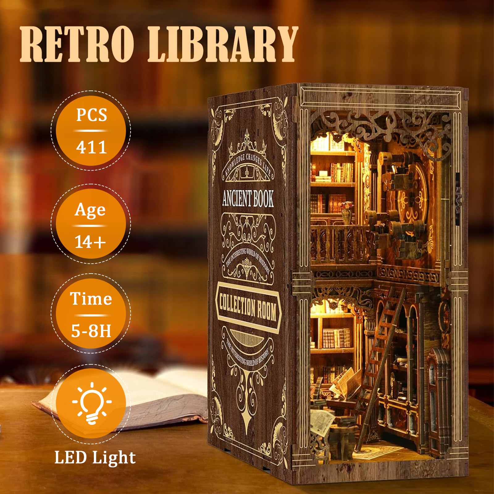 Book Nook Kit en Madera, Kit de Casa Miniatura con Luz LED, Kit DIY Book Nook, Decoración de Estantería, Idea Regalo Creativa para Adultos y Adolescentes a Partir de 14 Años
