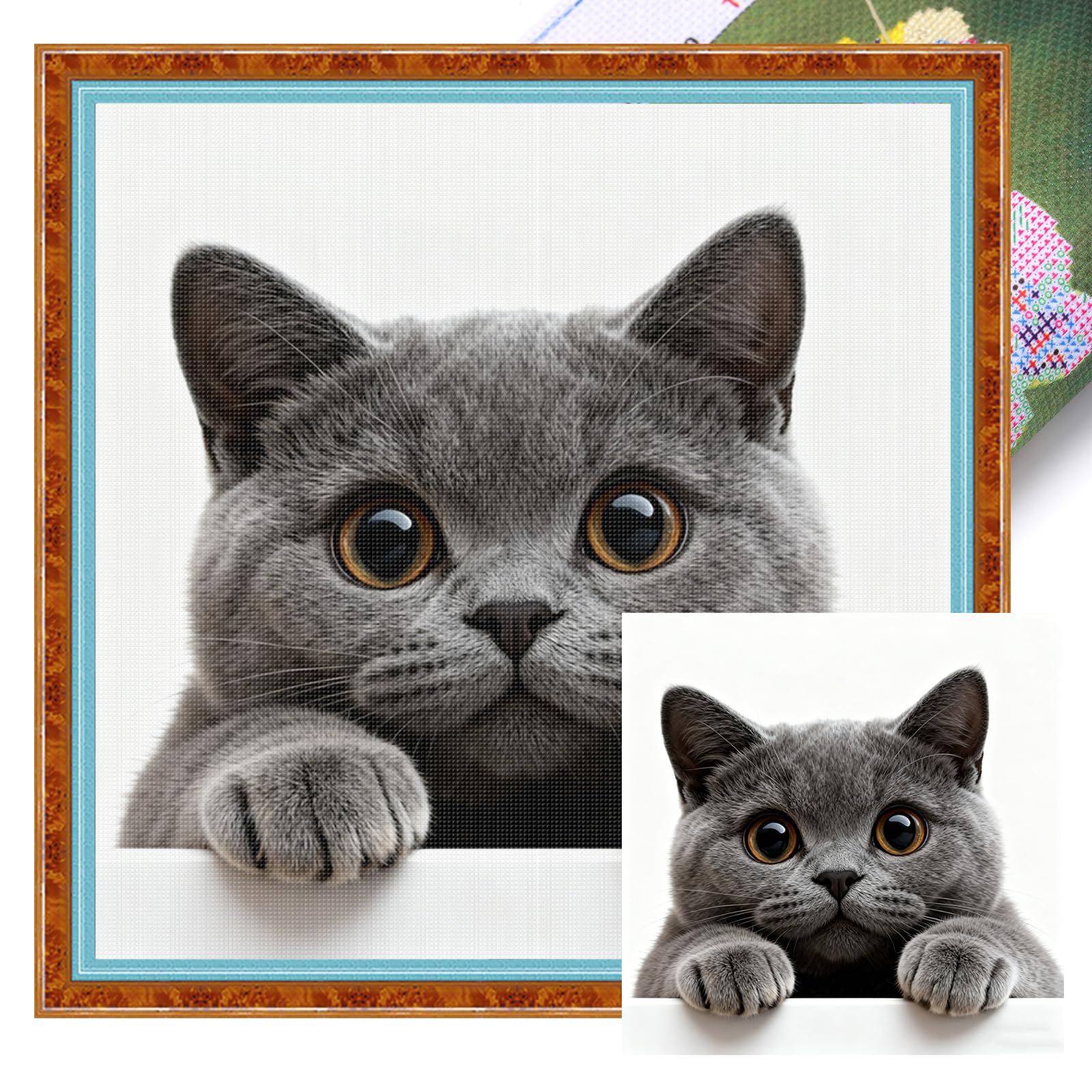 Poetrydraw 11Ctacc-11891__C__40x40 Blue Cat Full 11Ct Diy Stamped Cross Stitch Kits 40X40cm For Adults Home Decor (11Ctacc-11891 C 40X40)