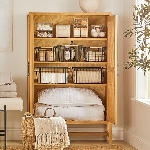 Miniatura 6 de mDesign Organizador de plástico para el hogar, contenedor de almacenamiento con asas para dormitorio, baño, estantes de gabinete, entrada y pasillo,