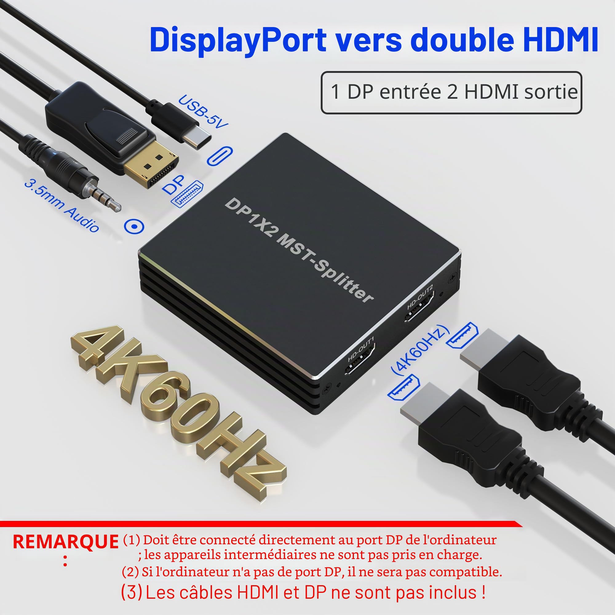 Adaptateur DisplayPort vers HDMI Dual - Répartiteur DP pour écrans doubles 4K @60 Hz avec écran étendu MST 1 en 2 sorties Hub pour PC, carte graphique et plus