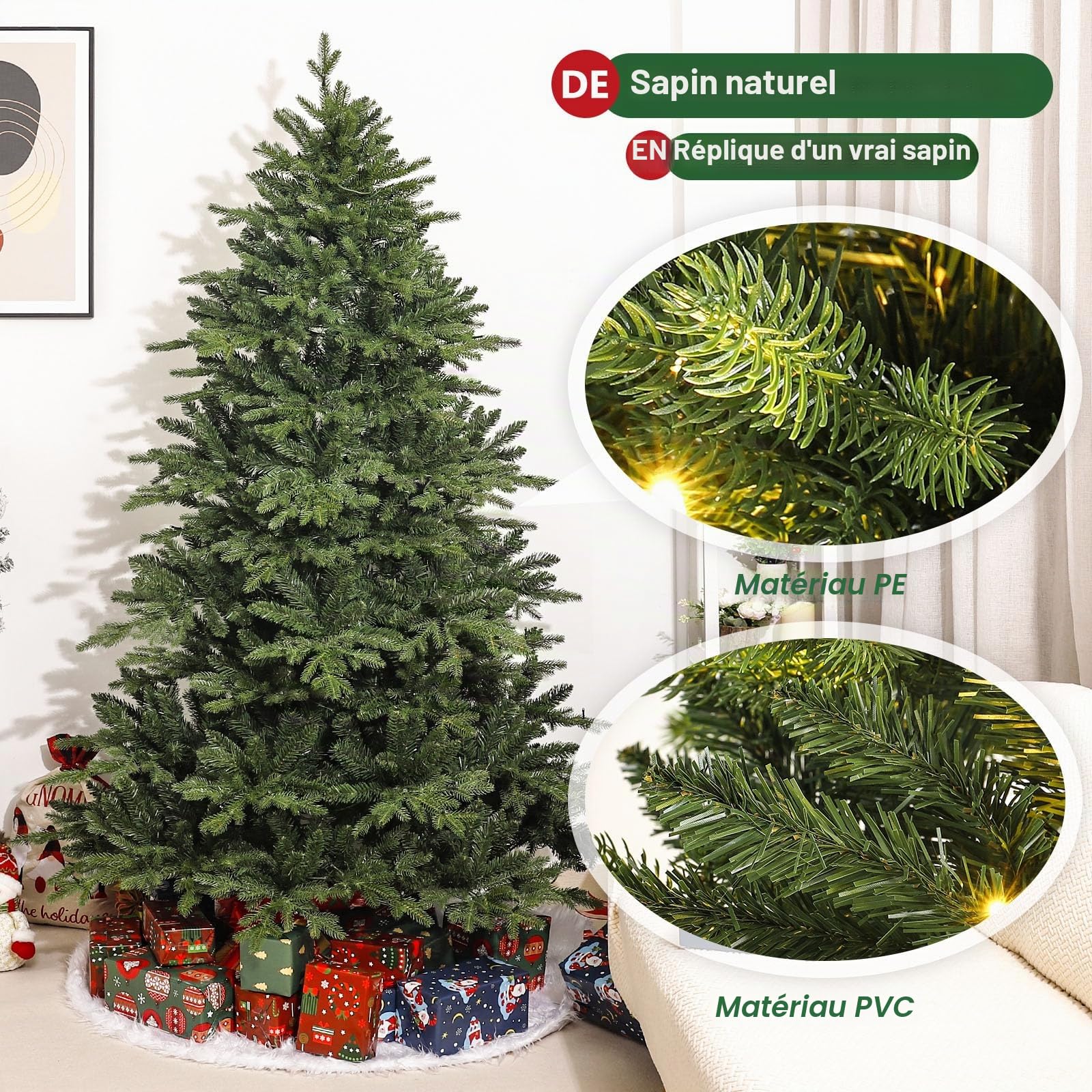 Yorbay Sapin de Noël Artificiel Nordmann avec éclairage LED Sapin avec Support en Bois pour décoration de Noël, en PE et PVC, réutilisable (210 cm)