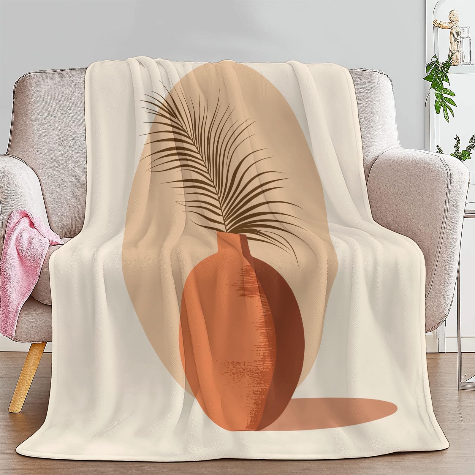 Koc polarowy z mikrofibry 220 x 240 cm, abstrakcyjne liście palmowe linie 3D nadruk miękka flanelowa pluszowy koc na łóżko dla dorosłych i dzieci, kemping, kremowy