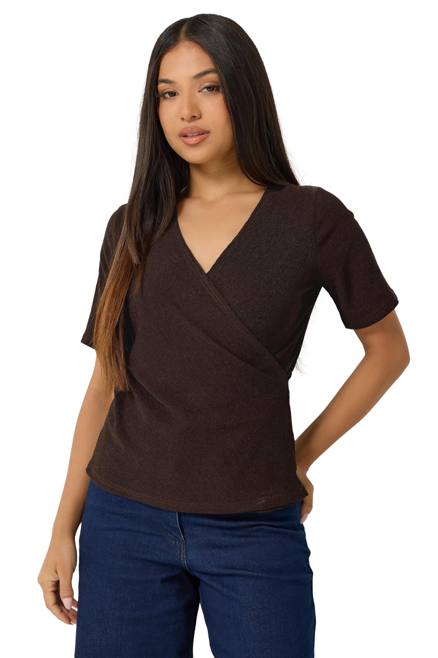 M&Co Women's Chocolate Petite Textured Wrap Top In Size 12