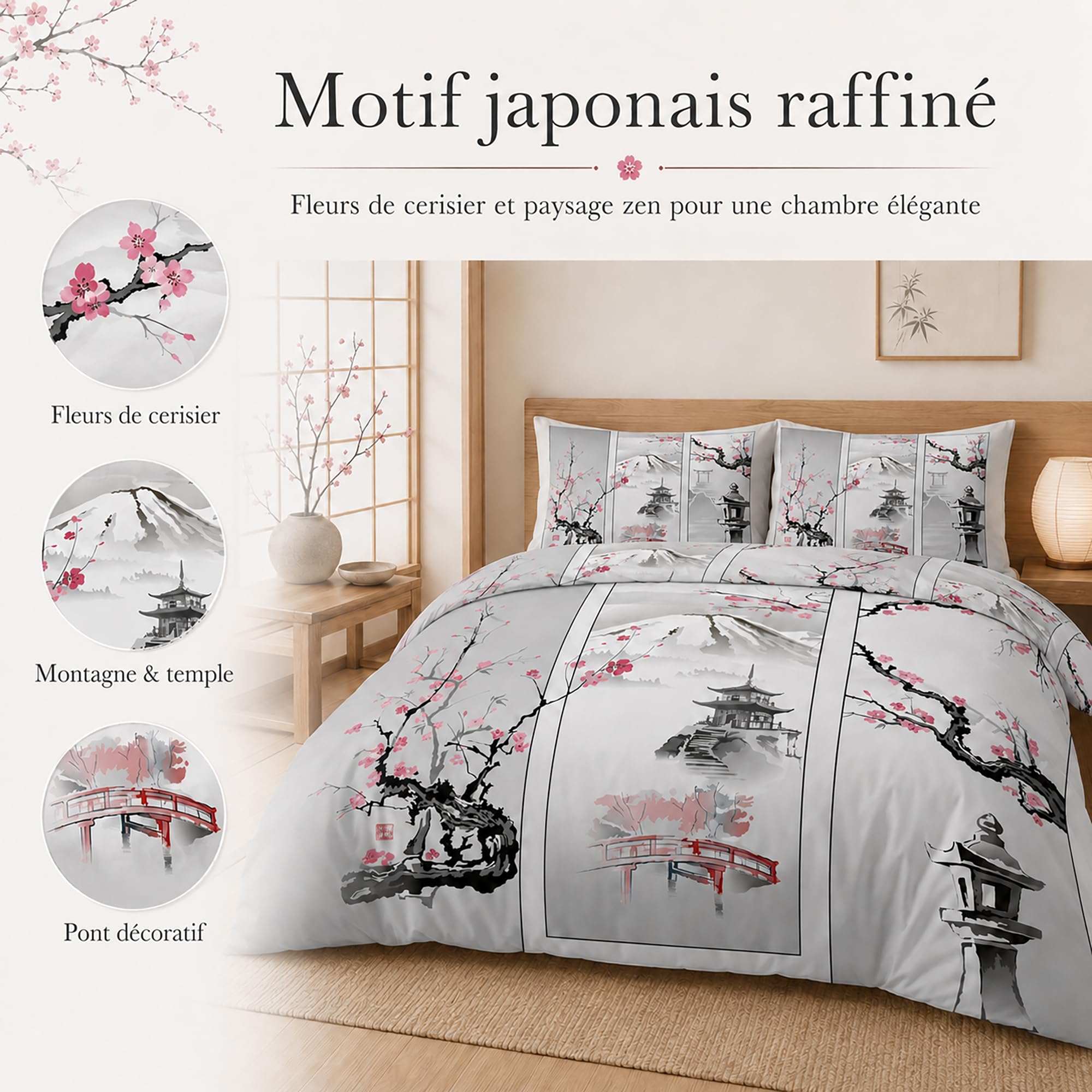Parure de Lit 240 x 260 Japonais Housse de Couette 2 Personnes Réversible, Housse Couette Imprimée Fleur de Cerisier en Microfibre et 2 Taie d'oreiller 65x65 cm avec Fermeture Éclair