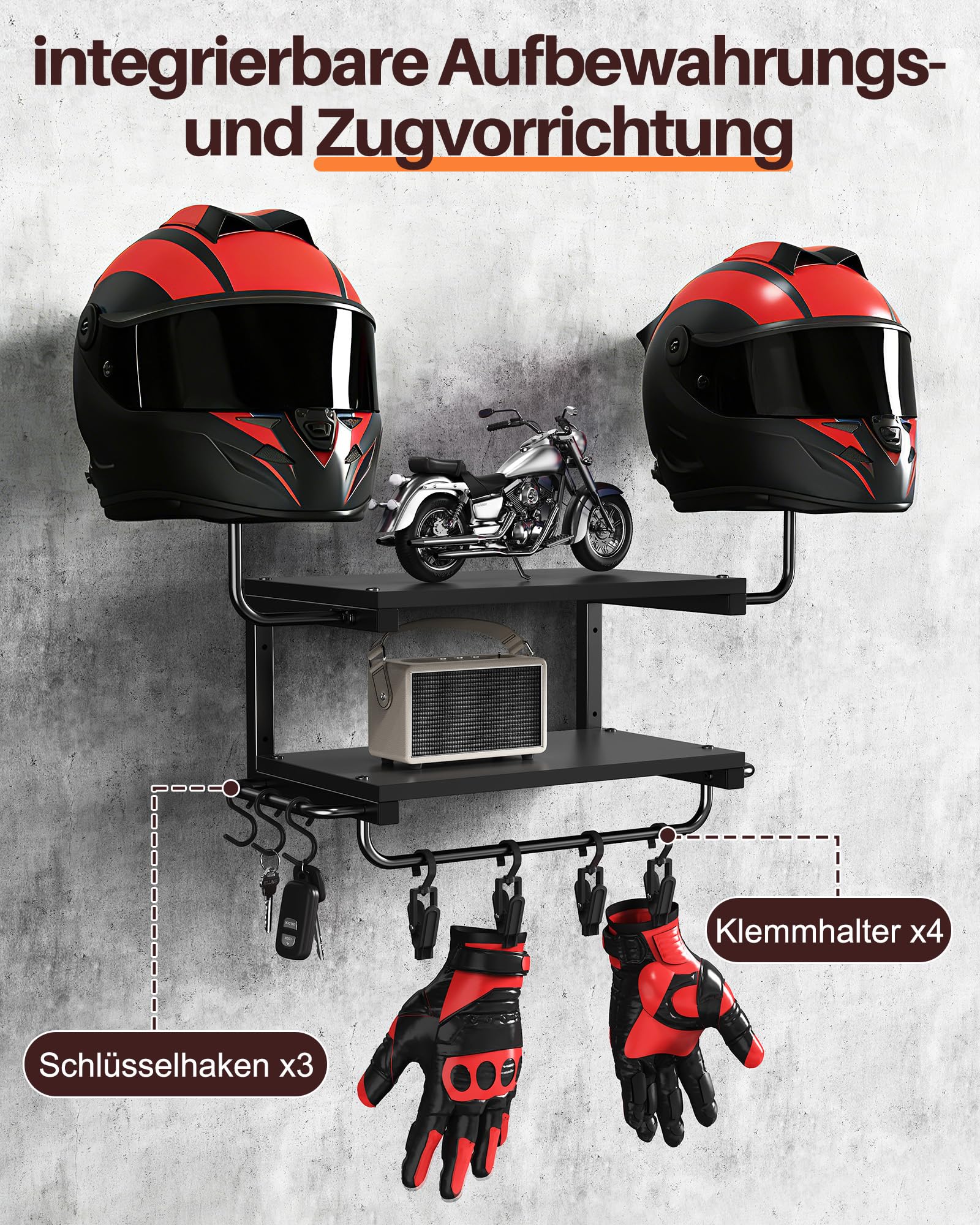 Motorradhelm Halterung Wand für 2 Helme, Motorrad Garderobe Wand mit Kleiderbügel und Haken, 30 kg Tragfähigkeit, geeignet für Fahrrad und Skihelme (Schwarz)