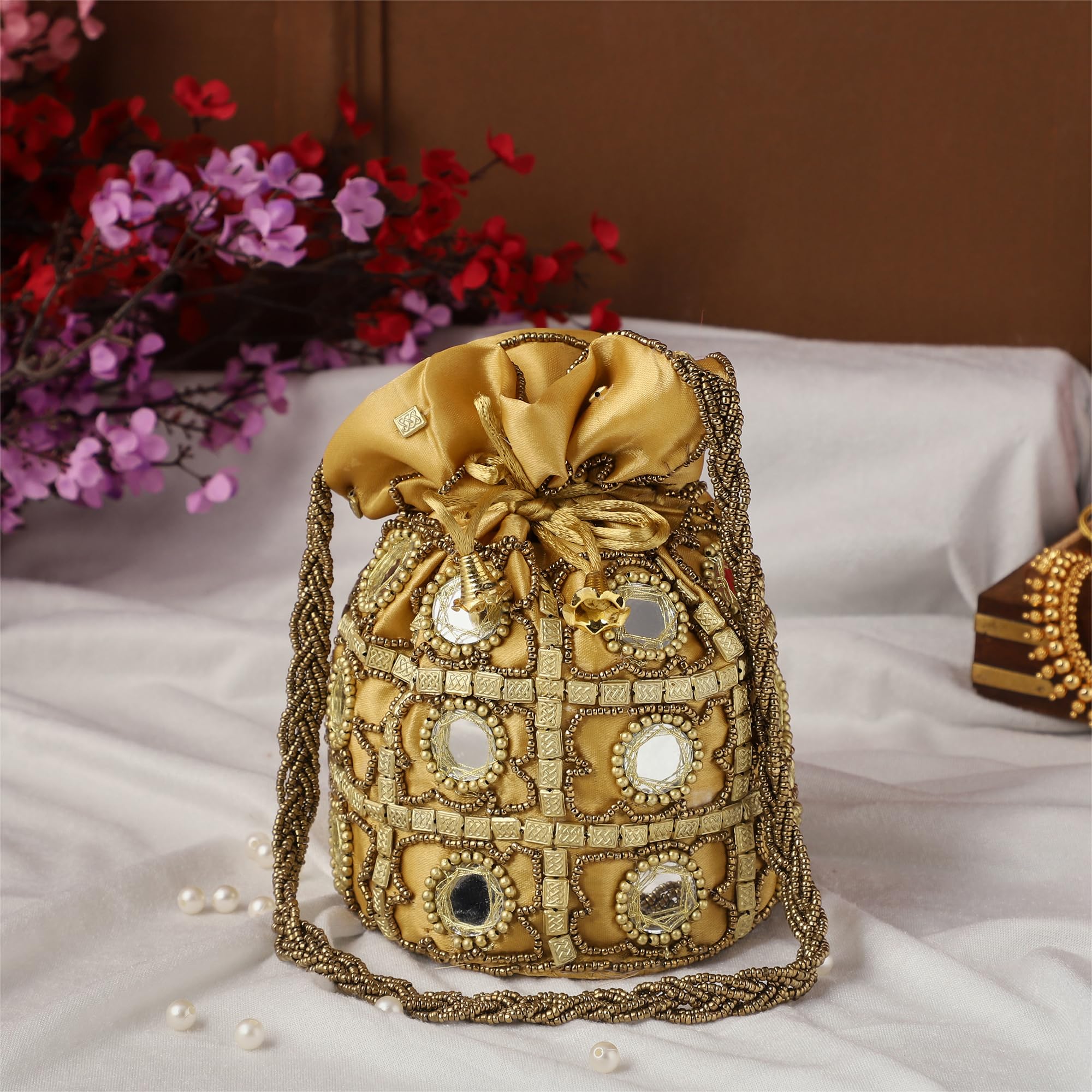 Purpledip Chenille Potli Bag (Clutch, Drawstring Purse): Intricate Bead Work Satchel Handbag, Gold (12396F)
