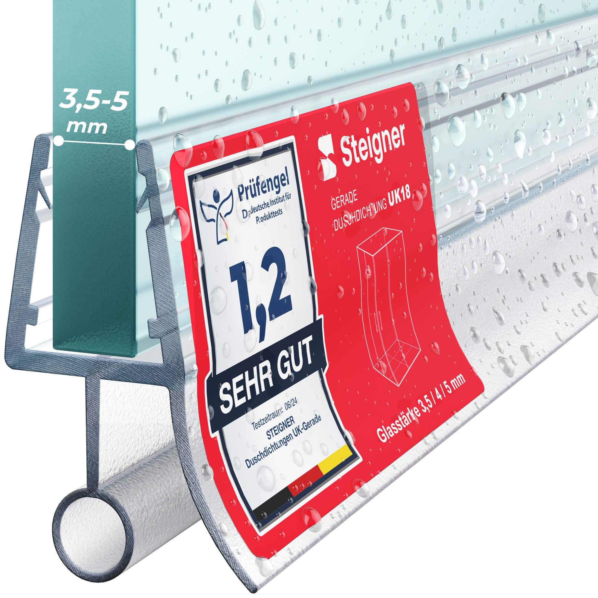 STEIGNER Duschtürdichtung UK18 190 cm (1 Stk.) Transparent - Dichtung gerade für Eckeinstieg Dusche oder Fünfeckdusche mit Duschtür 3,5-5 mm - Schutz gegen Auslaufen, Langlebiges Material, Wasserdicht