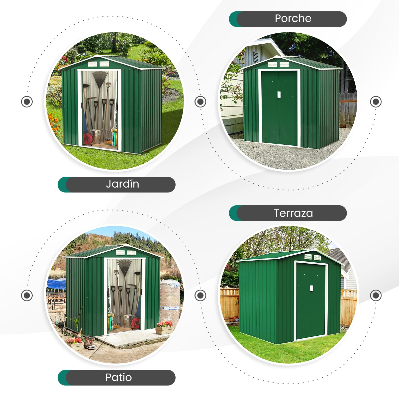 COSTWAY Caseta Jardin Exterior con Base Metálica con Puerta, 213x127x185cm, Exterior Caseta de Jardín Metálica Herramienta Almacenamiento, Cobertizo Jardin Exterior Grande (Verde Oscuro)