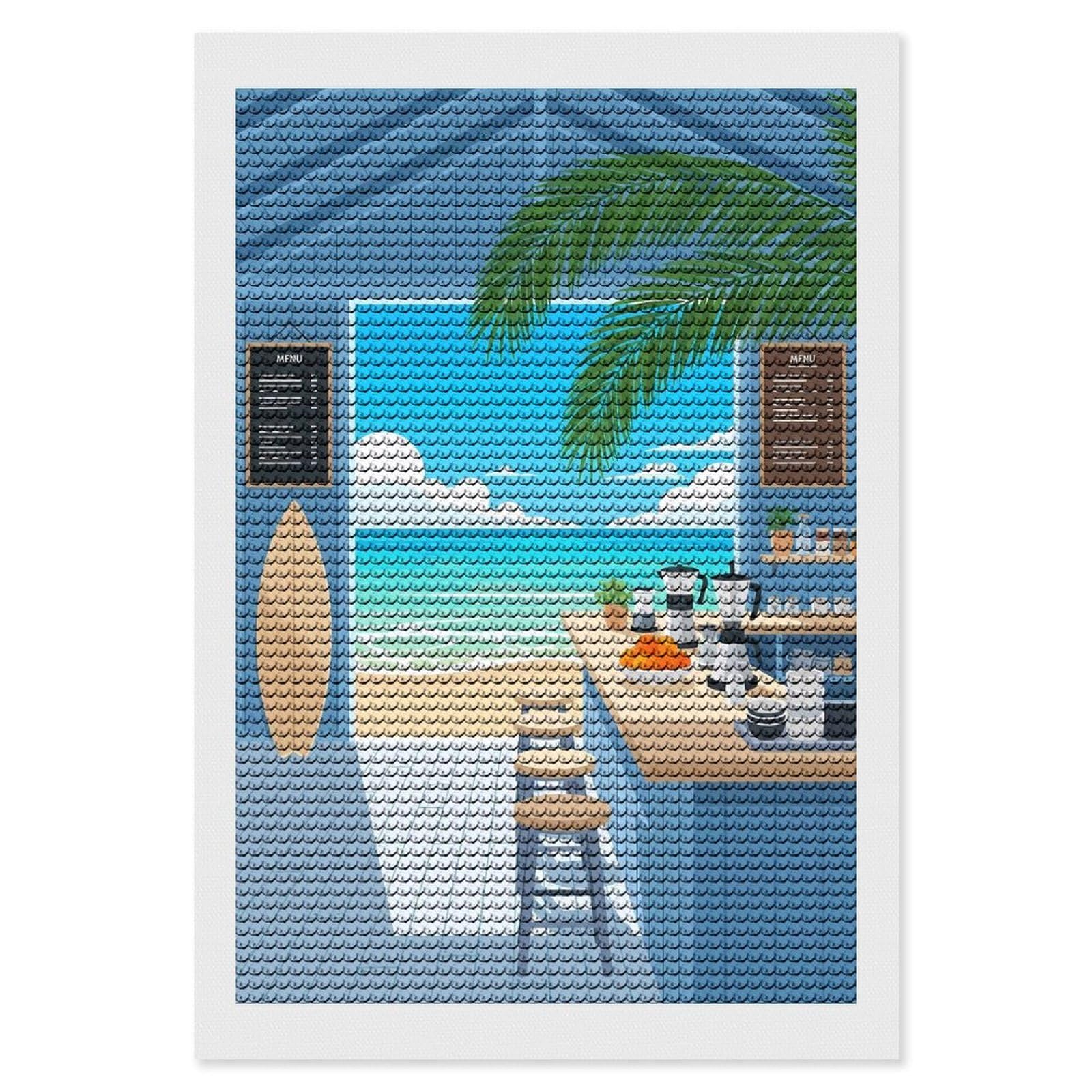 Junmoney Beachside Cafe Diamond Painting Canvas Kit 8"x12", Adhesive Canvas, Living Room Decor, Farmhouse Decor, Winter Craft