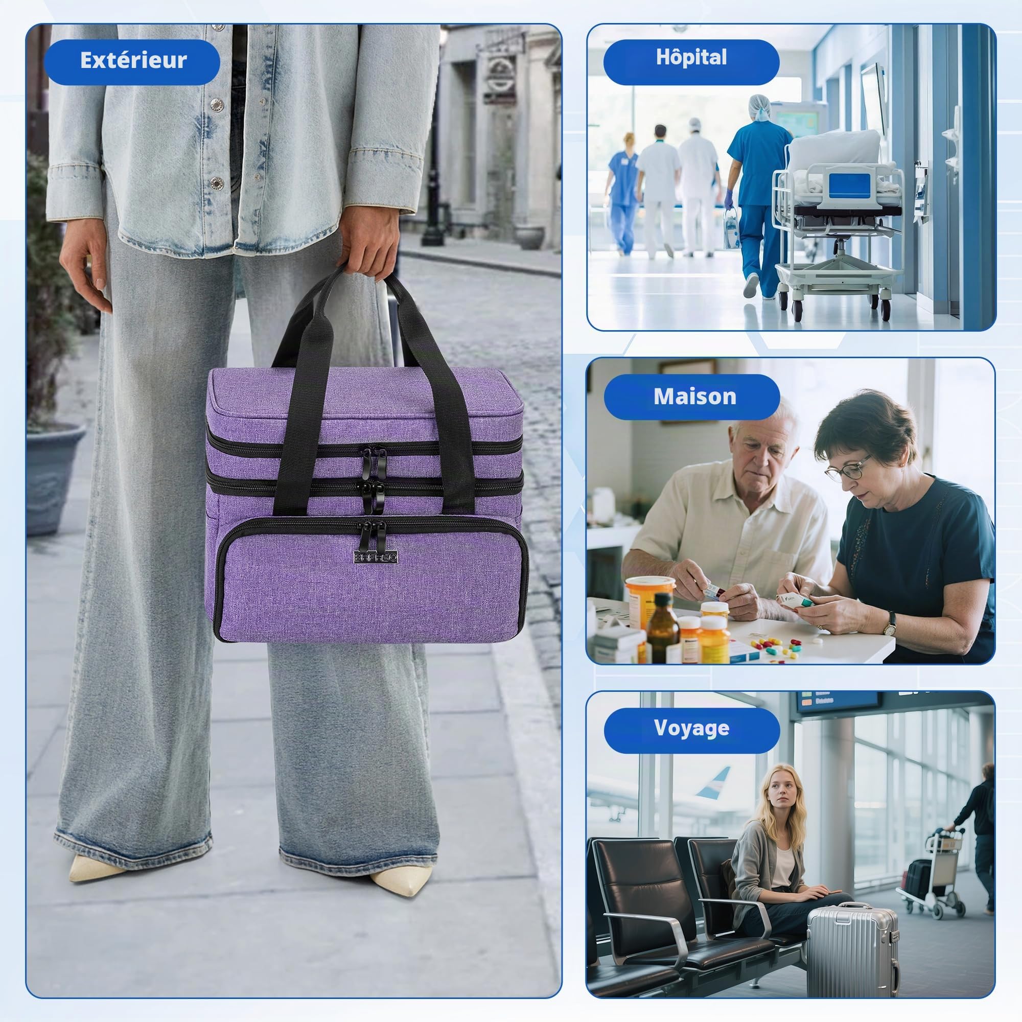 BAFASO Sac de Médecine Double Couche avec 2 Pochettes Transparentes Amovibles, Sac de rangement de Médicaments pour Les Voyages et I'usage Quotidien (Sac Seulement), Violet