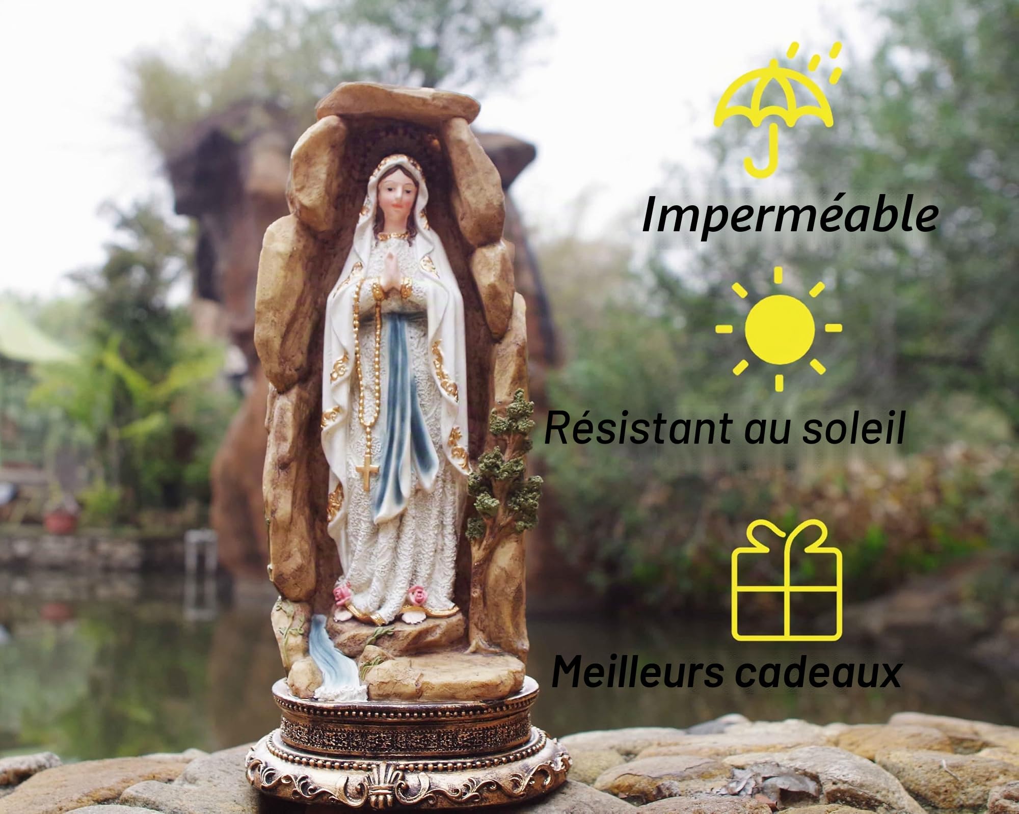 MeritMode Figurines de collection de la Vierge Marie – Notre Dame de Lourdes en forme de grotte, fabriquées à la main en résine, cadeaux religieux pour toutes les religions, 31,8 cm de hauteur